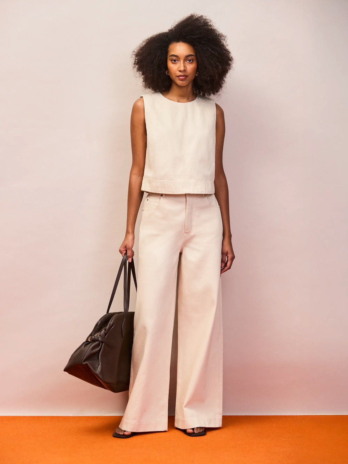 Ecru cotton twill sleeveless shell top front view