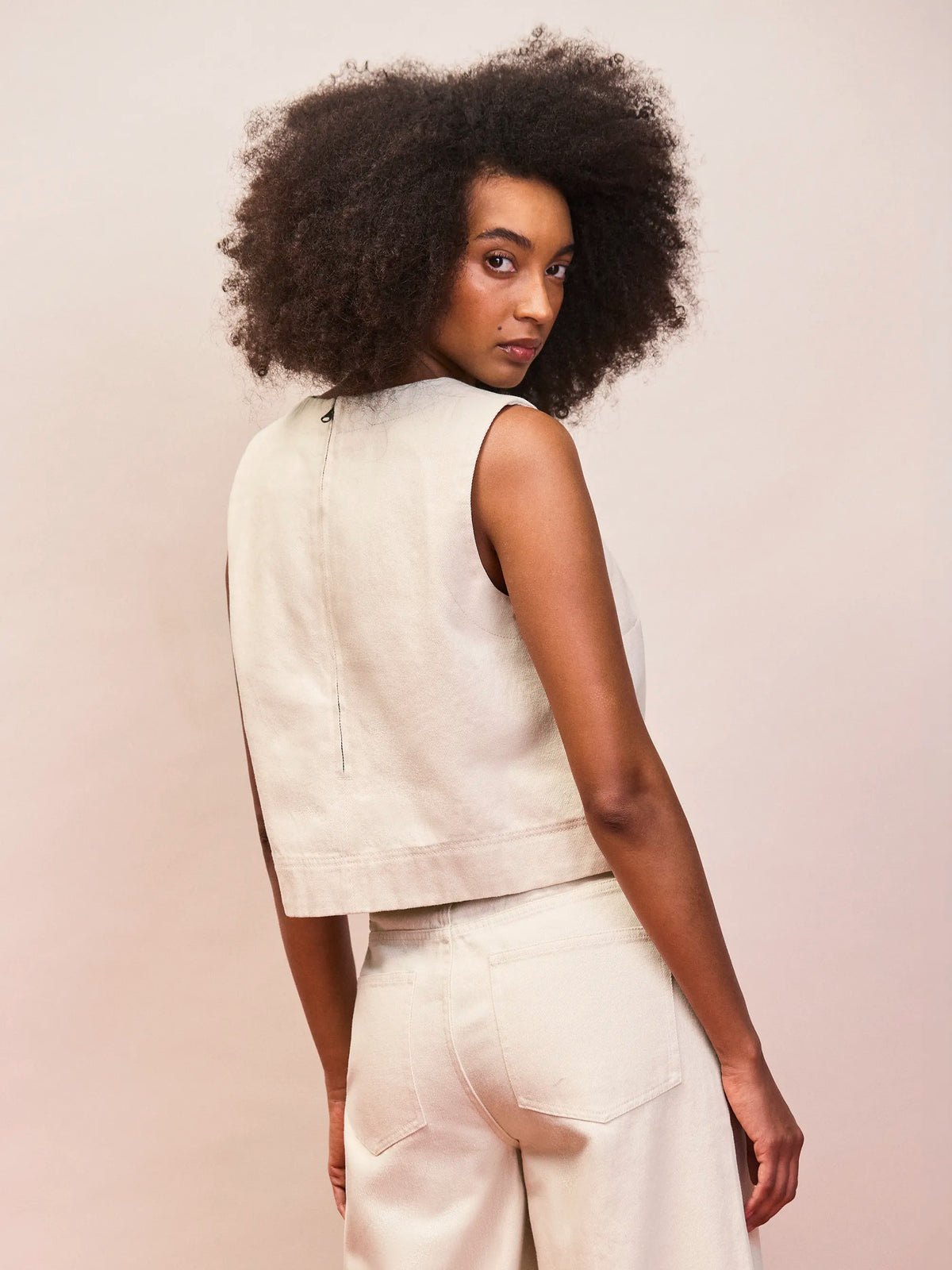 Ecru cotton twill sleeveless shell top back view