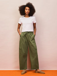 Khaki cargo pocket trousers with wide leg and drawstring waist