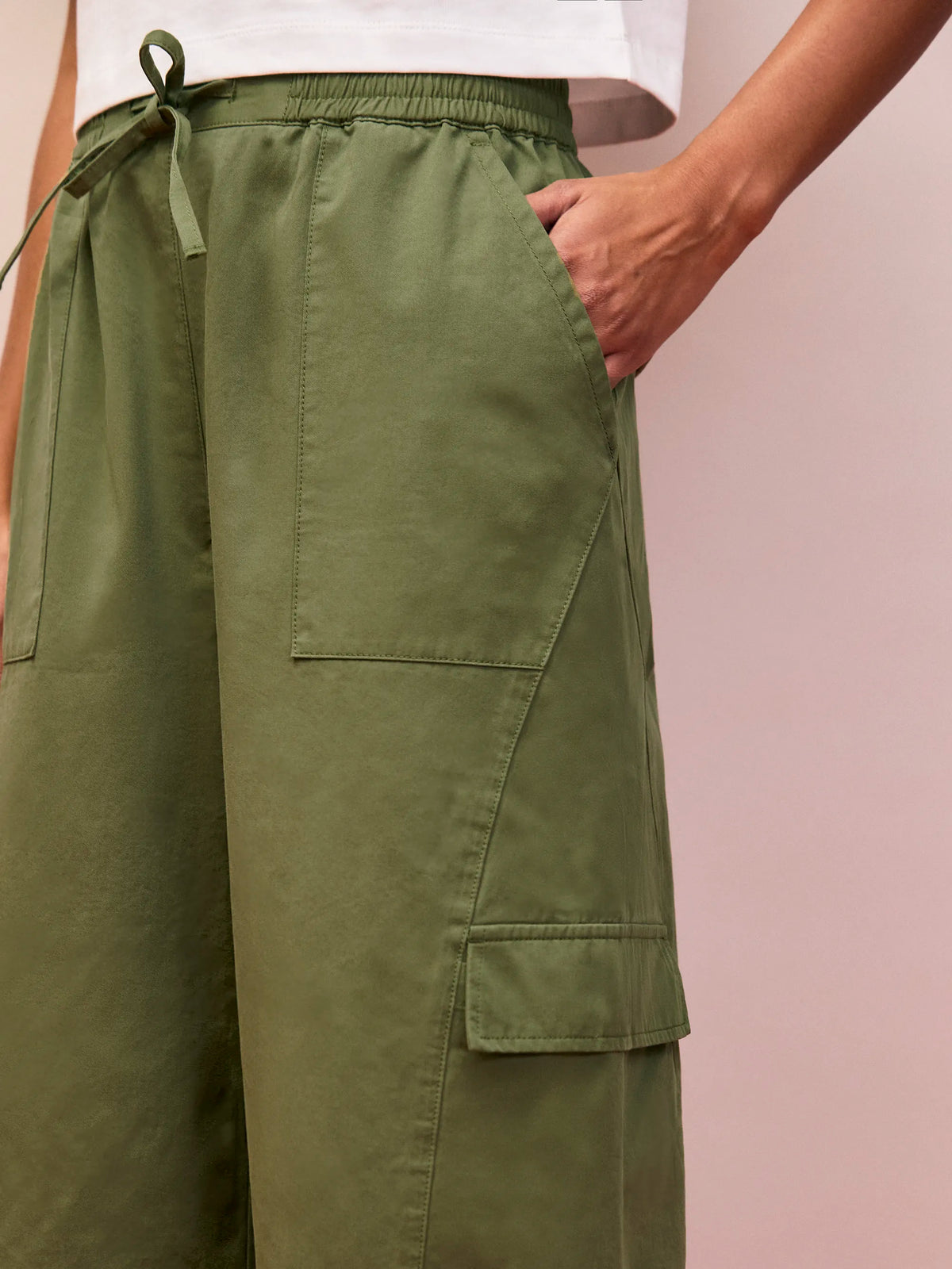 Khaki cargo pocket trousers with elasticated drawstring waist