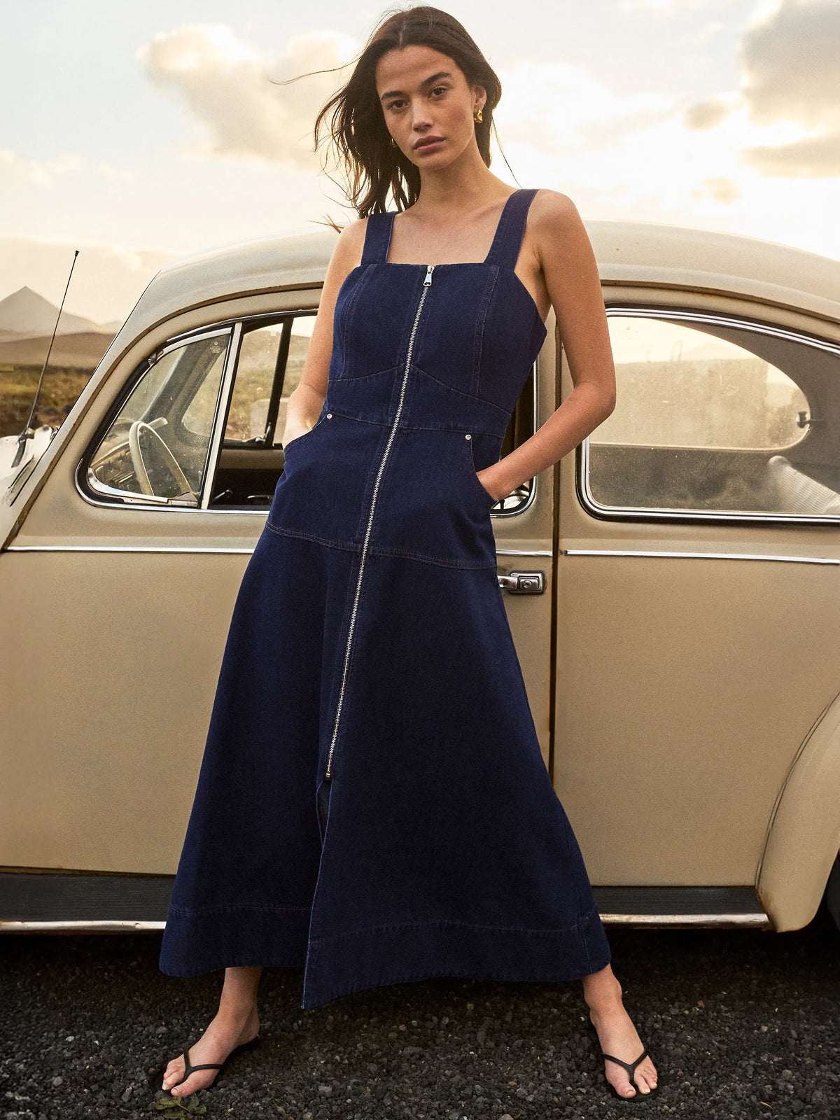 Blue Denim Zip Front Midi Dress