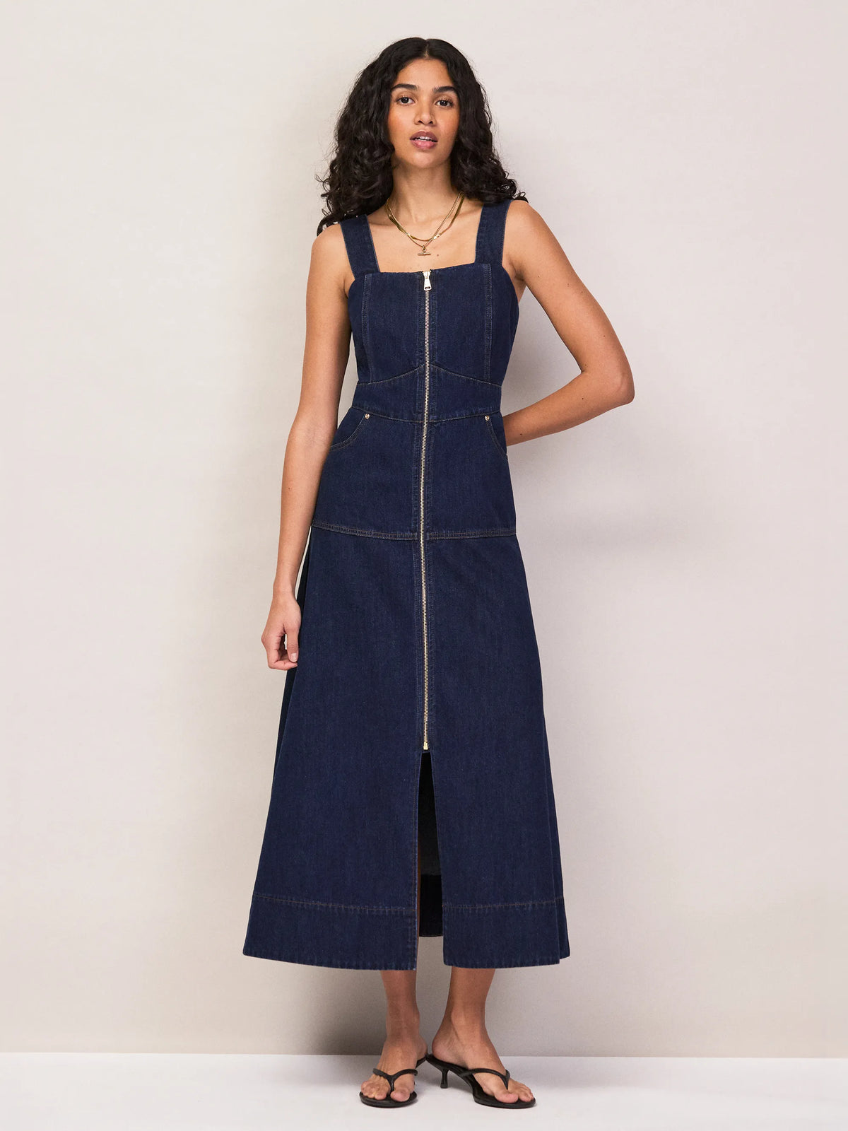 Blue Denim Zip Front Midi Dress