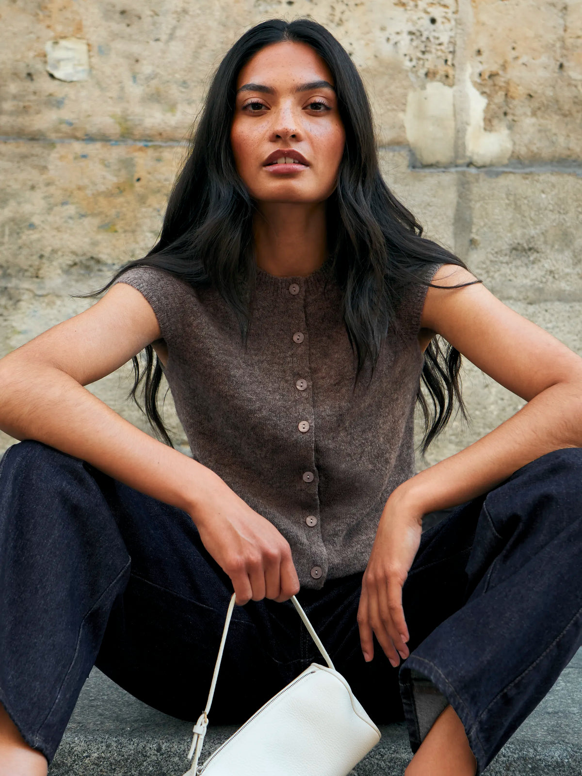 Mocha Button Through Knit Top With Wool And Alpaca