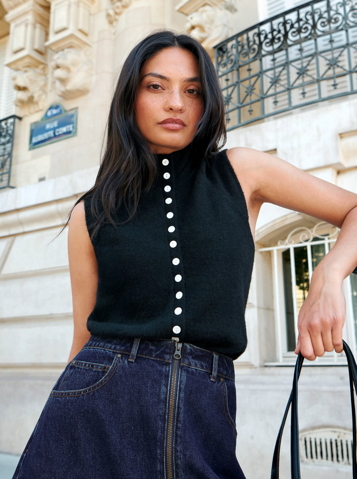Black Pearl Button Through Knit Top With Wool And Alpaca