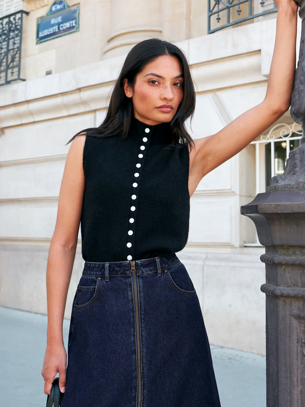 Black Pearl Button Through Knit Top With Wool And Alpaca