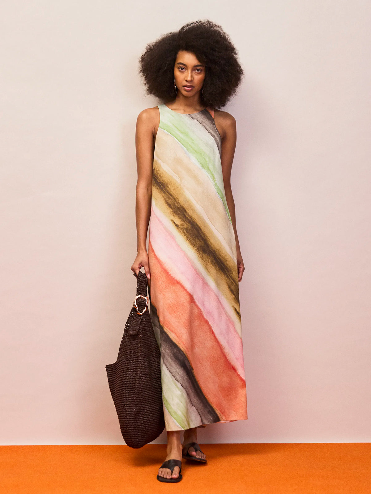 Multi watercolour stripe ombre midaxi dress with sleeveless design