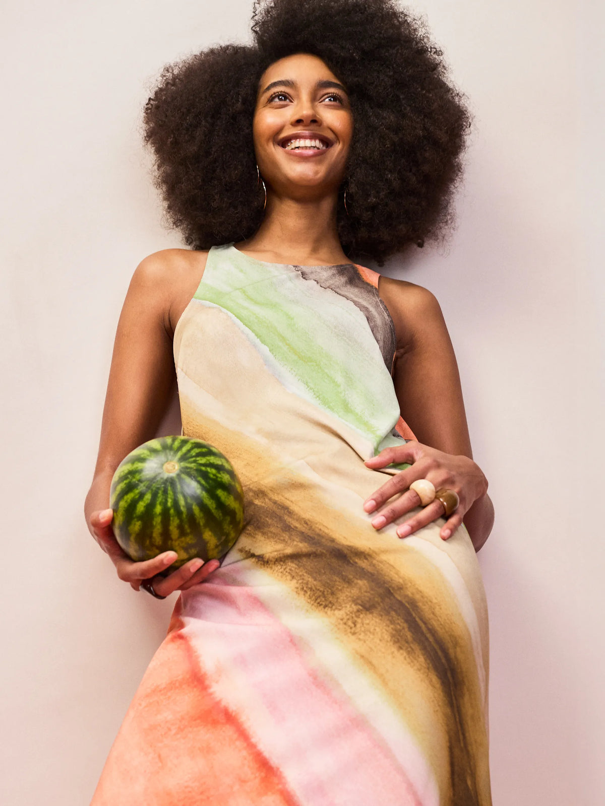 Sleeveless multi coloured ombre stripe midaxi dress with back button fastening