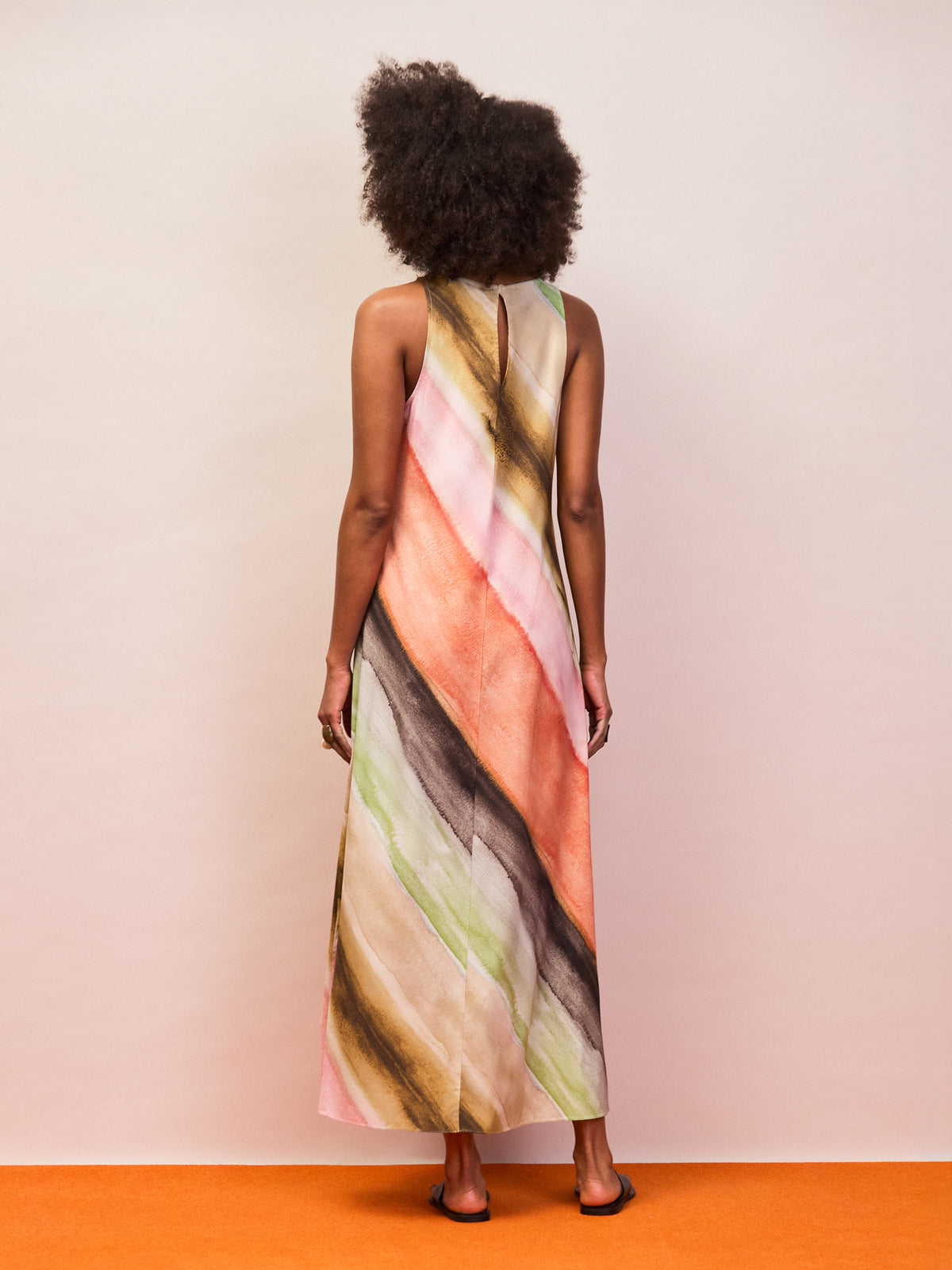 Watercolour stripe mid length dress in soft ombre tones