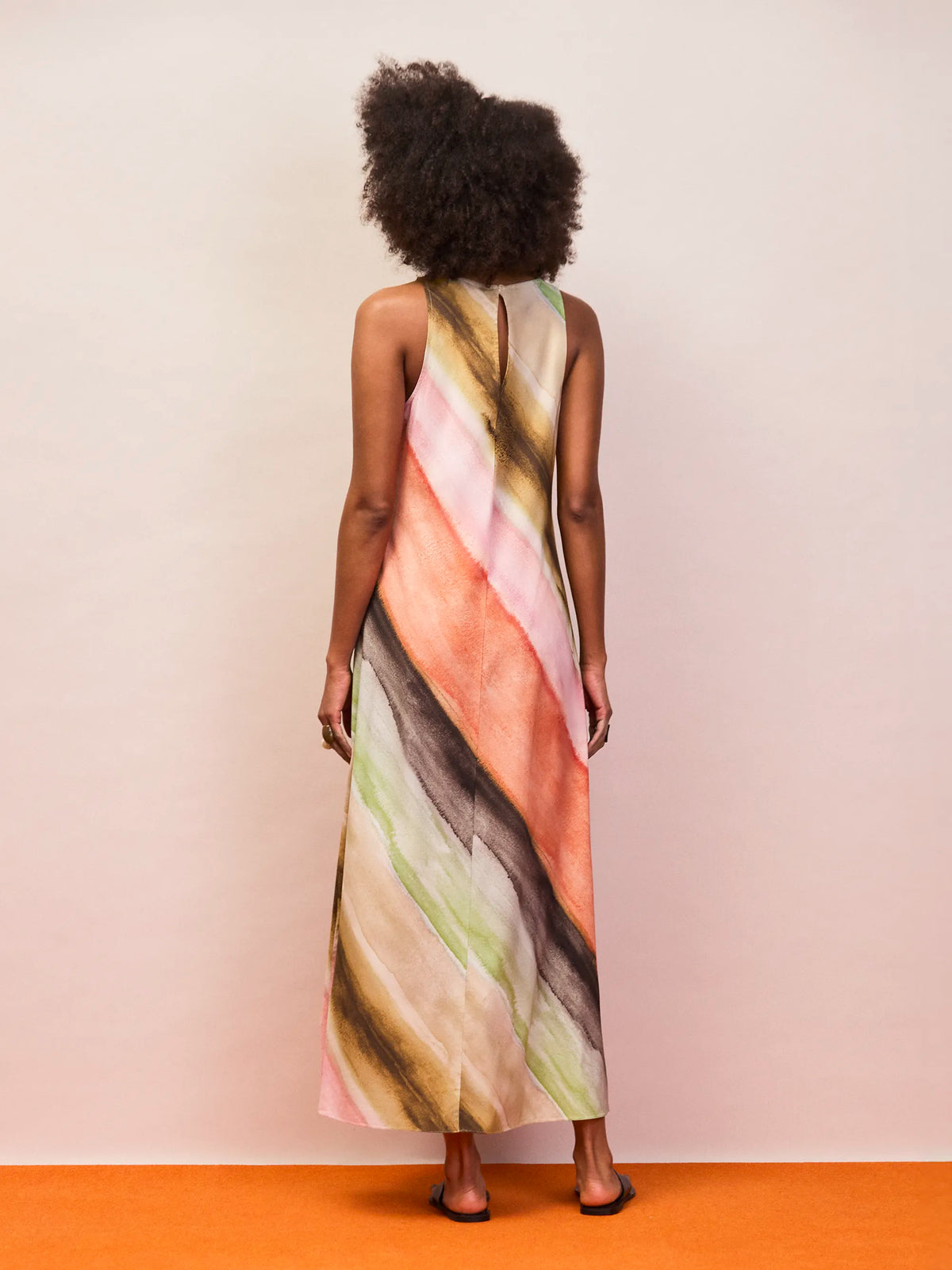 Multi stripe ombre sleeveless midaxi dress with straight silhouette