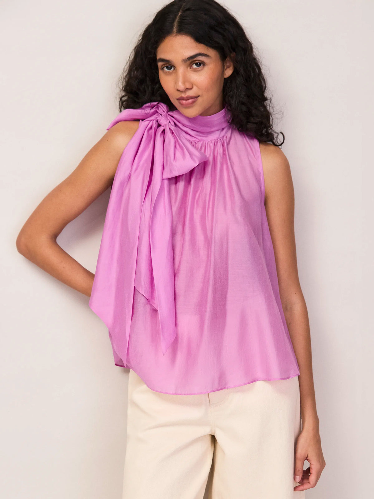 Pink Bow Detail Sleeveless Blouse Lyocell
