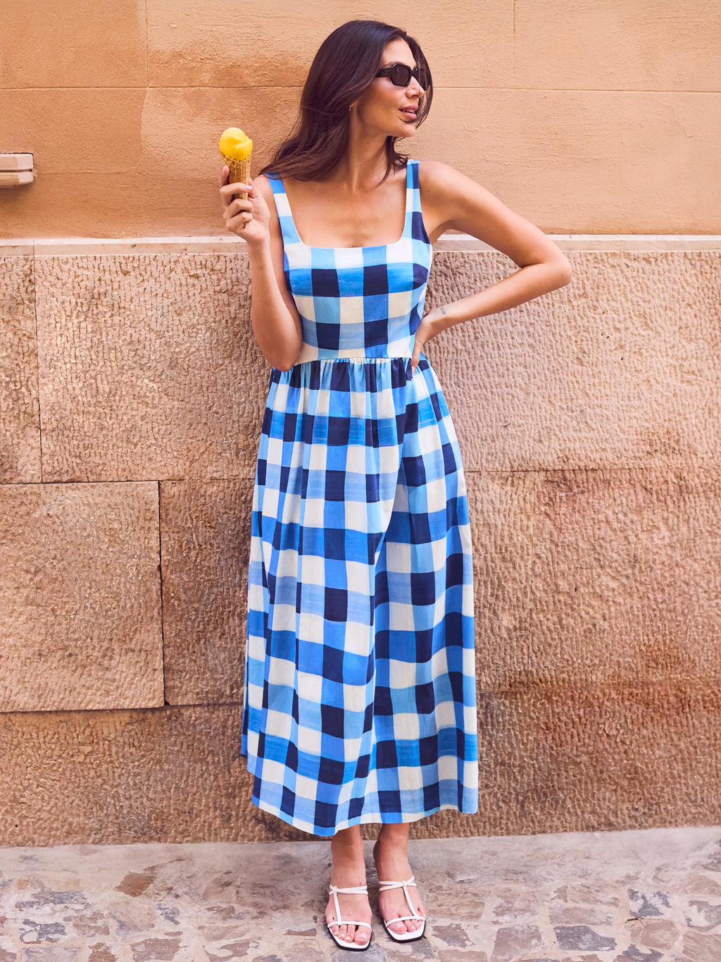 checkered blue and white dress Raya Check Square Neck – Ro&Zo or ballet flats for