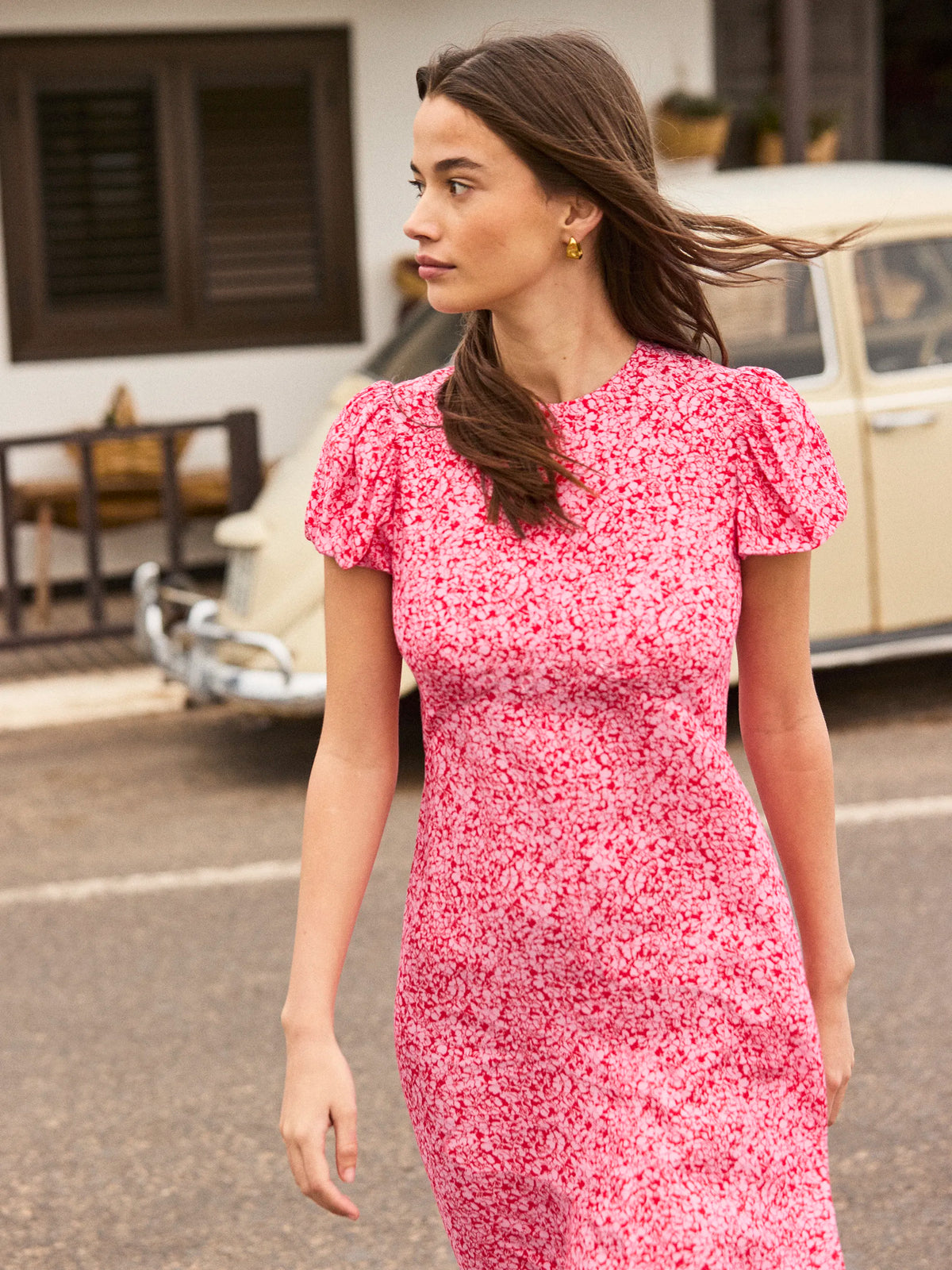 Pink Ditsy Floral Puff Sleeve Dress