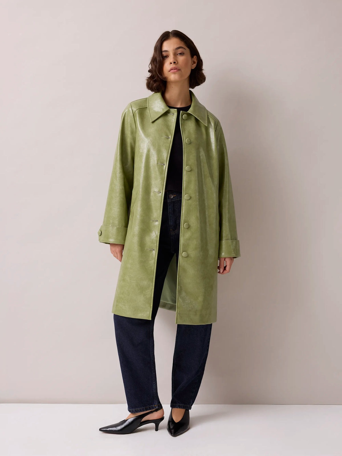 Petite Green Faux Leather Car Coat