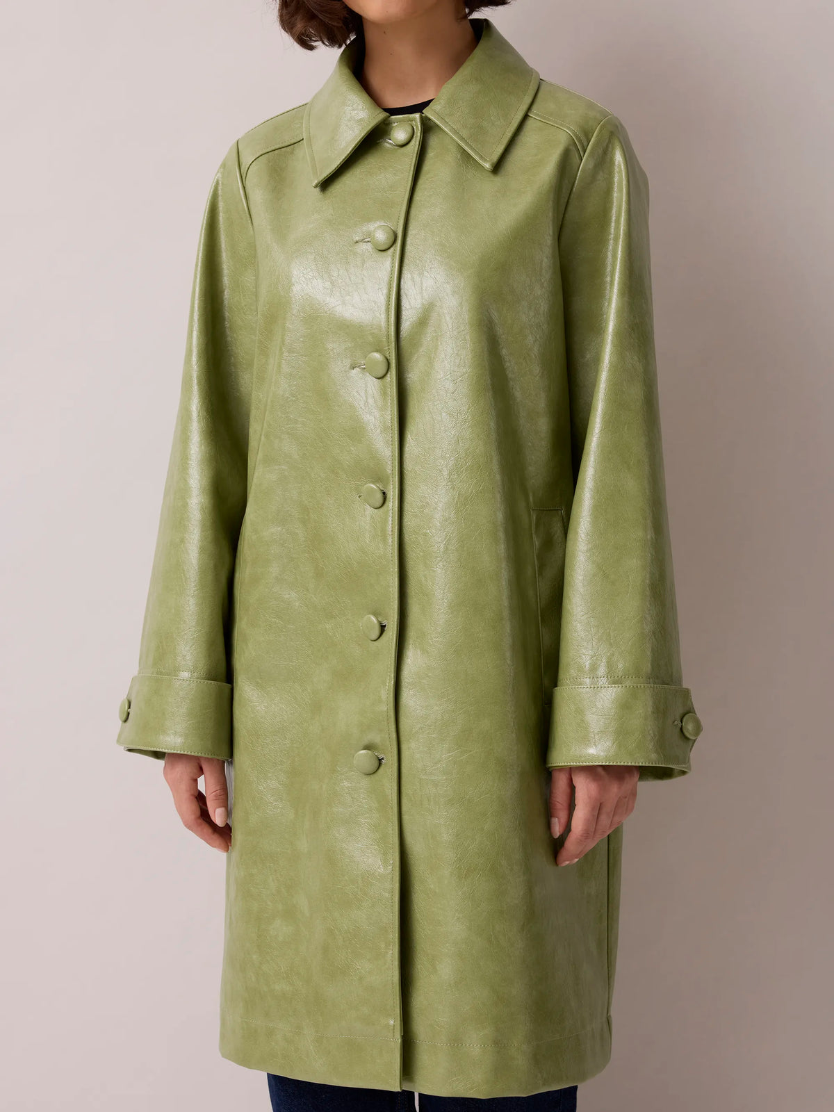 Petite Green Faux Leather Car Coat