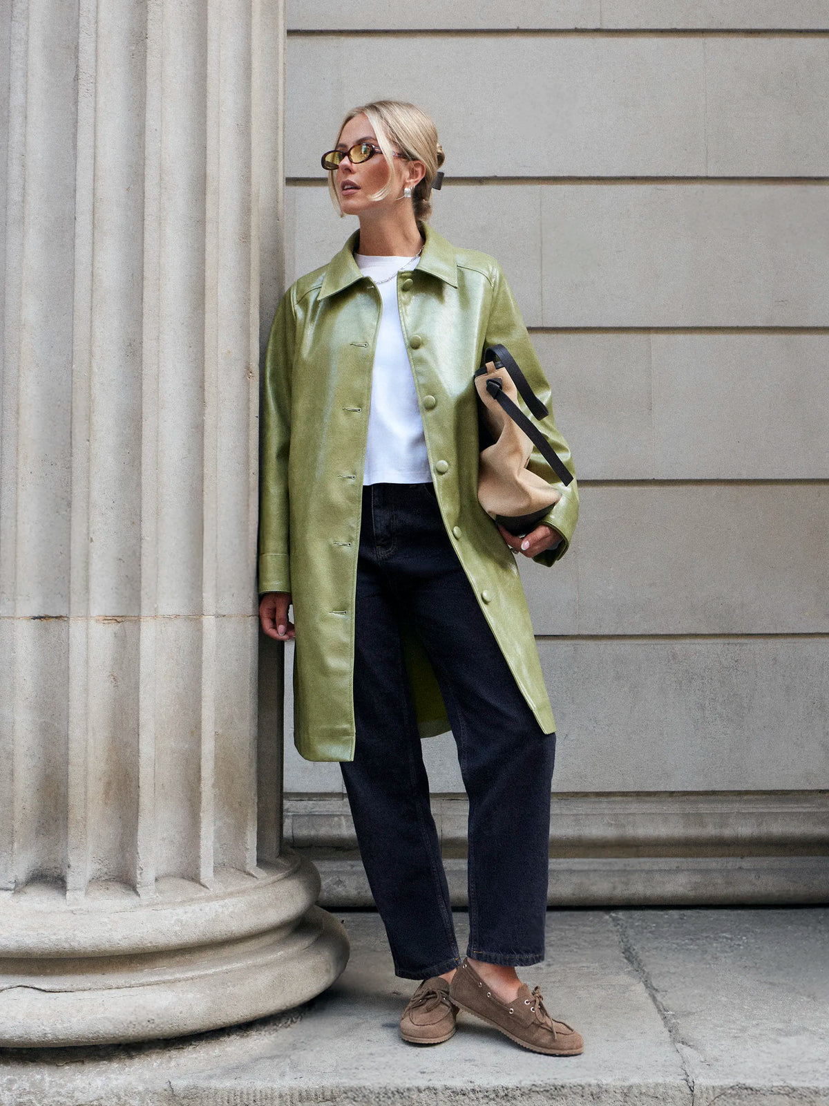 Green Faux Leather Car Coat