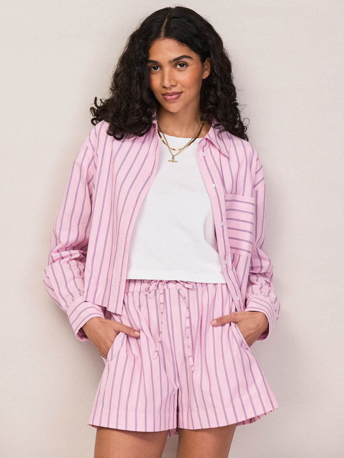 Pink Stripe Cotton Shirt Resort Wear Co-Ord