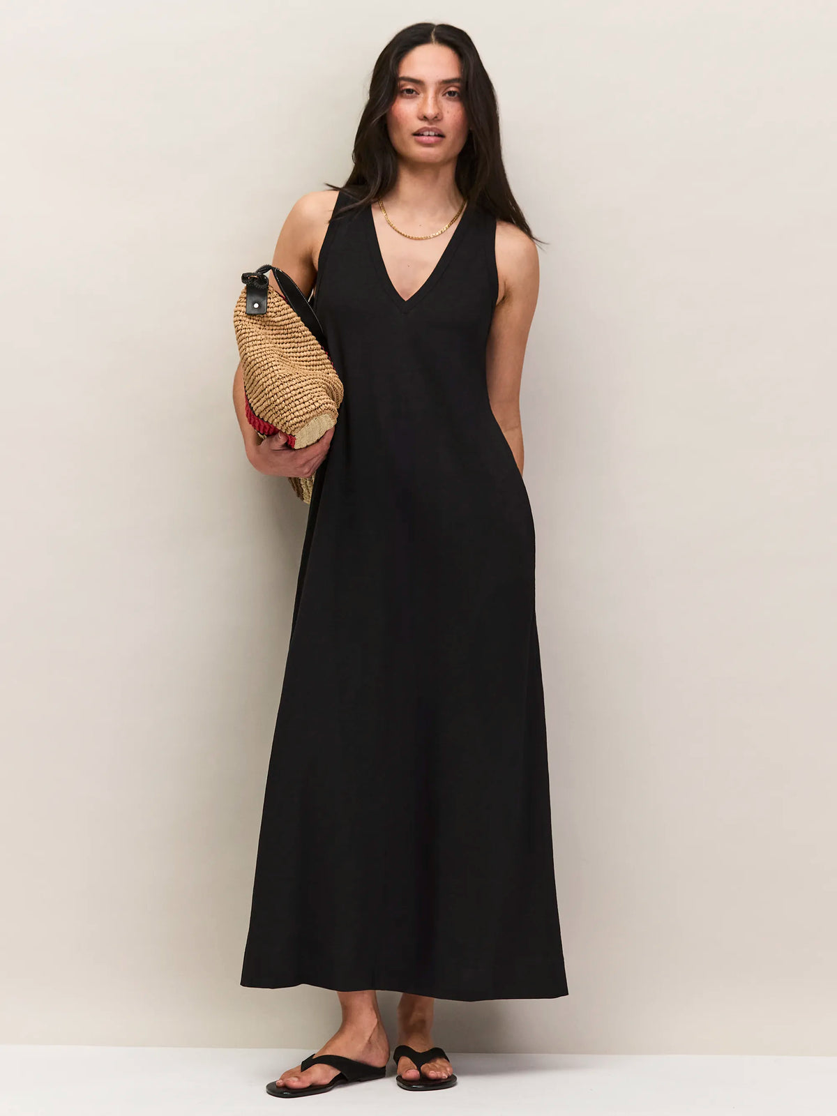 Black Slub Jersey V-Neck Midi Dress