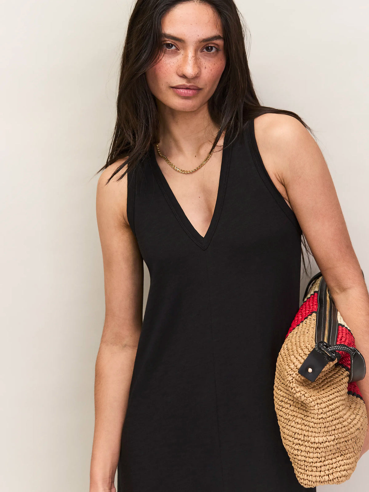 Black Slub Jersey V-Neck Midi Dress