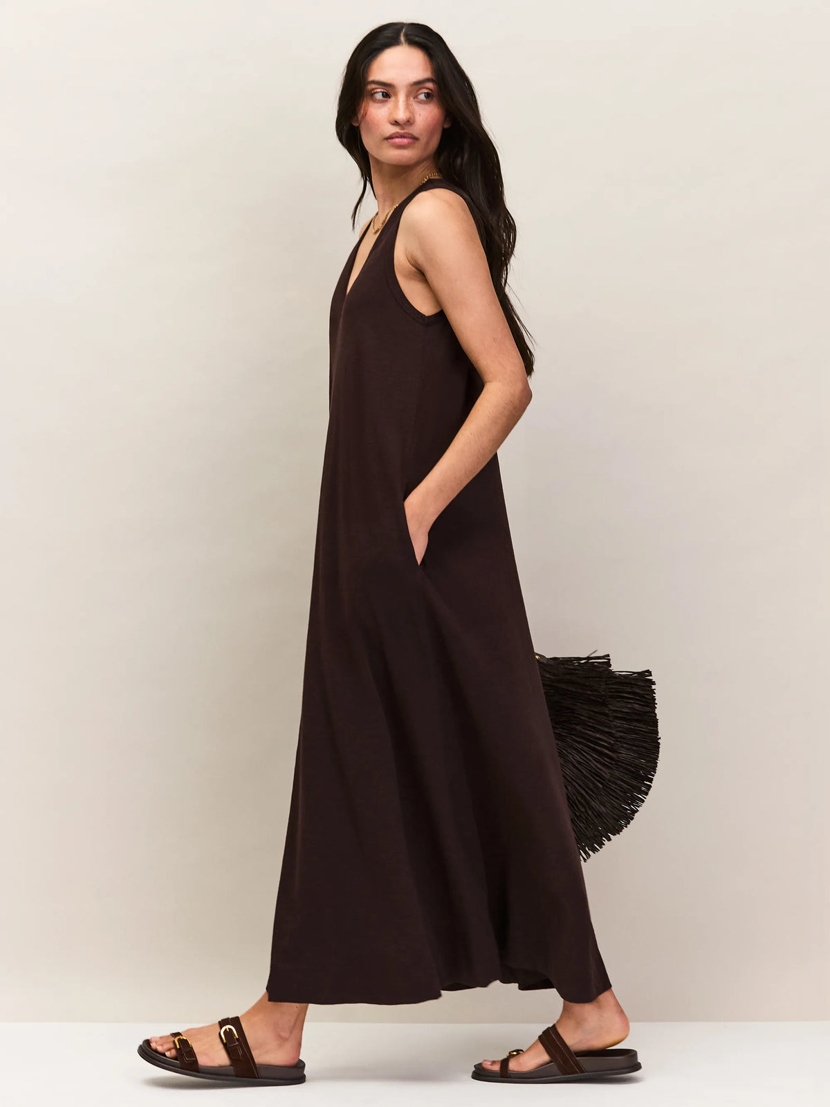 Chocolate Slub Jersey V-Neck Midi Dress