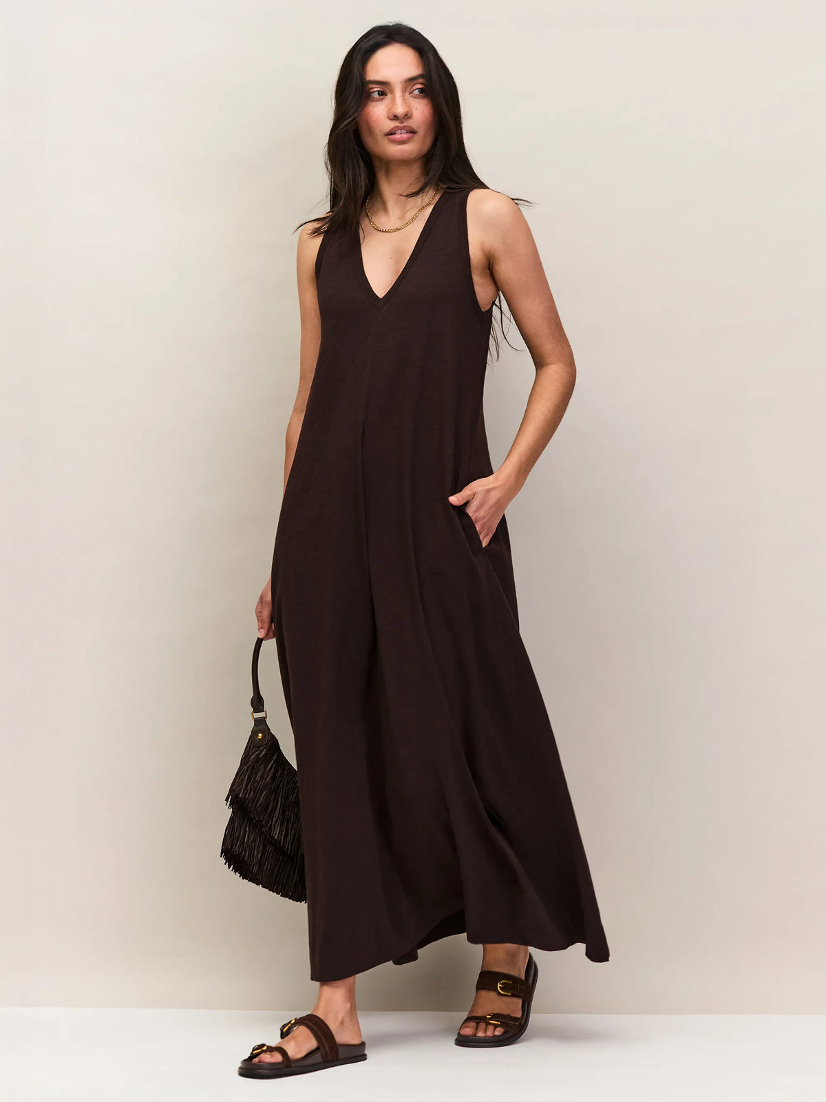 Chocolate Slub Jersey V-Neck Midi Dress