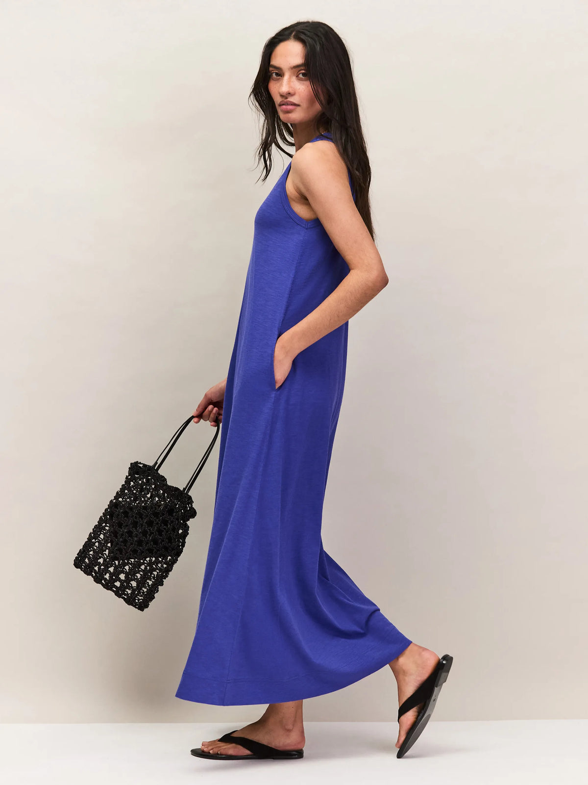 Blue Slub Jersey V-Neck Midi Dress