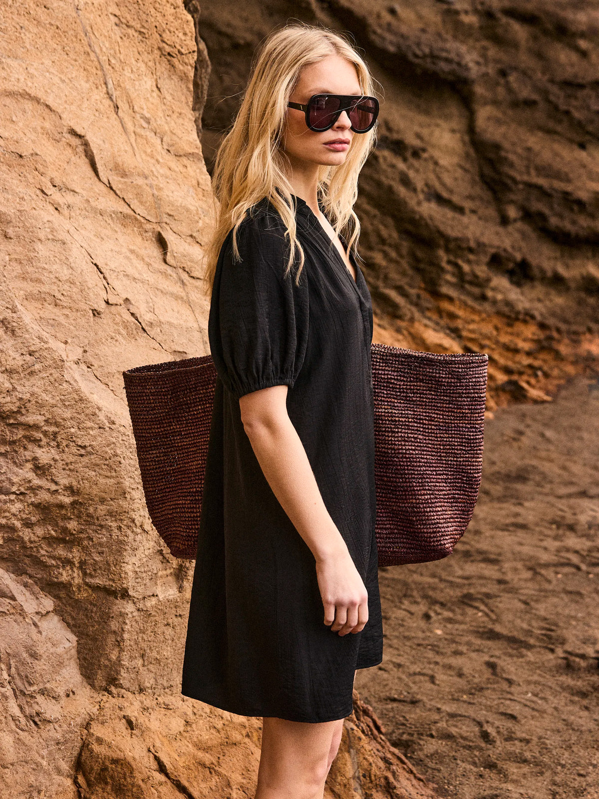 Black Puff Sleeve Short Dress Resort Holiday 