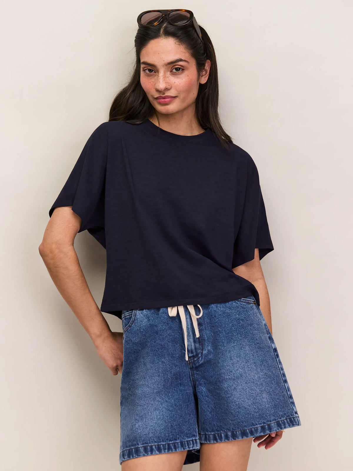 Navy Slub Jersey Cropped Tee