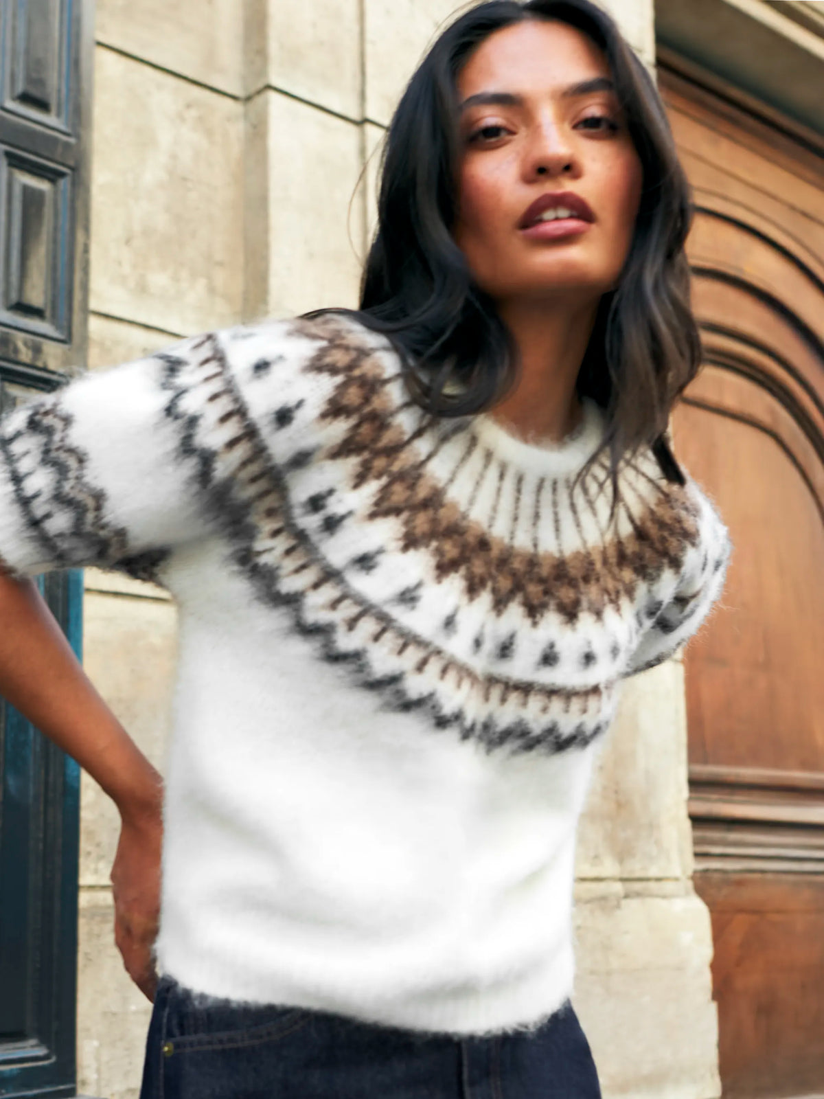 Ivory Fair Isle Brushed Knit Top With Wool And Mohair