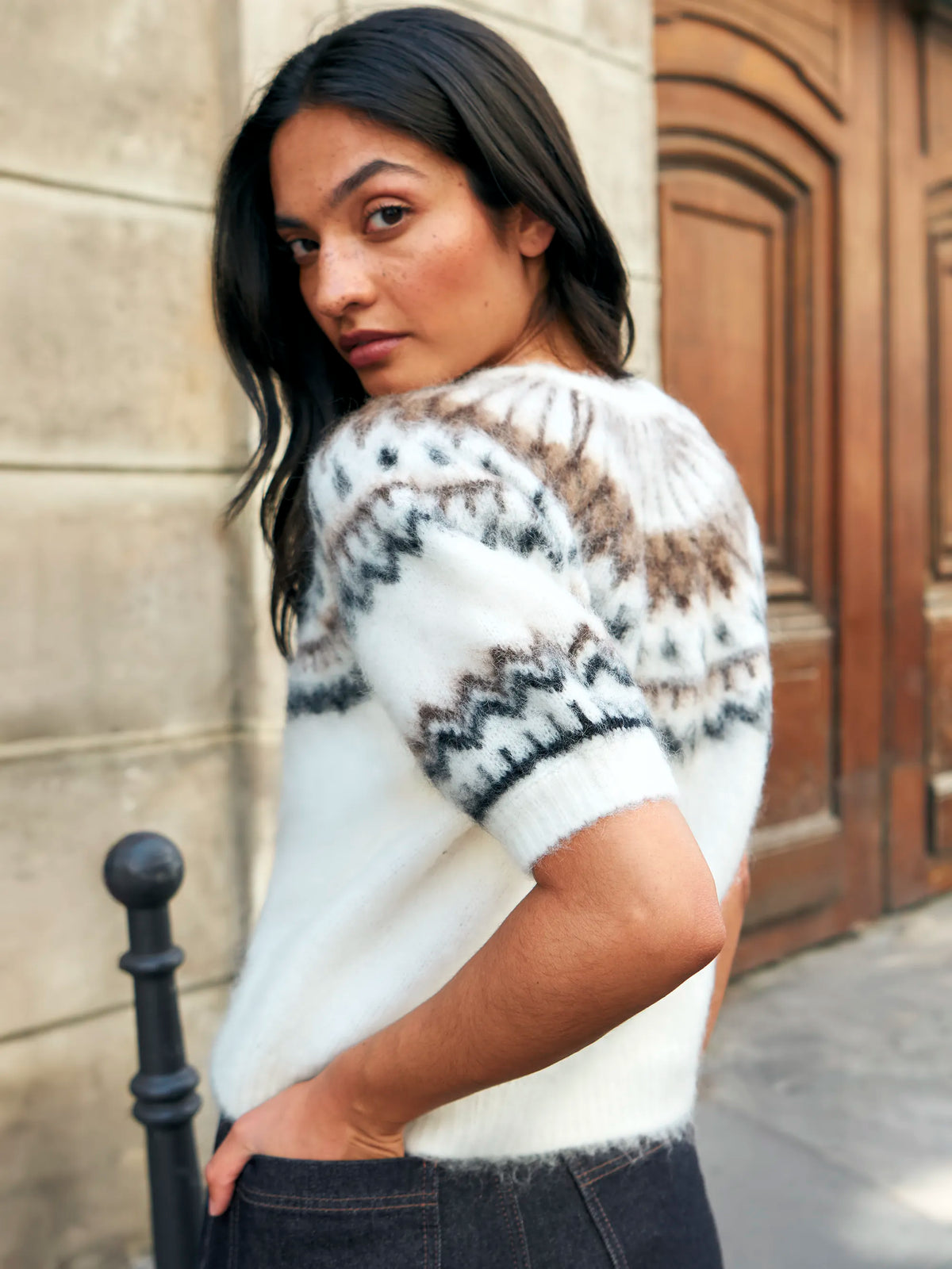 Ivory Fair Isle Brushed Knit Top With Wool And Mohair