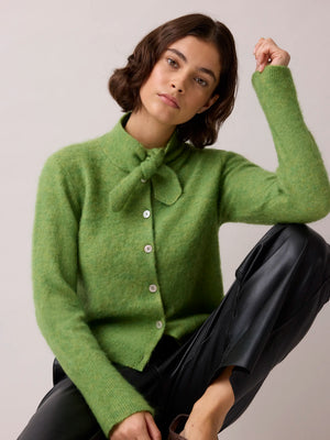 Green Brushed Neckerchief Cardigan With Wool And Mohair