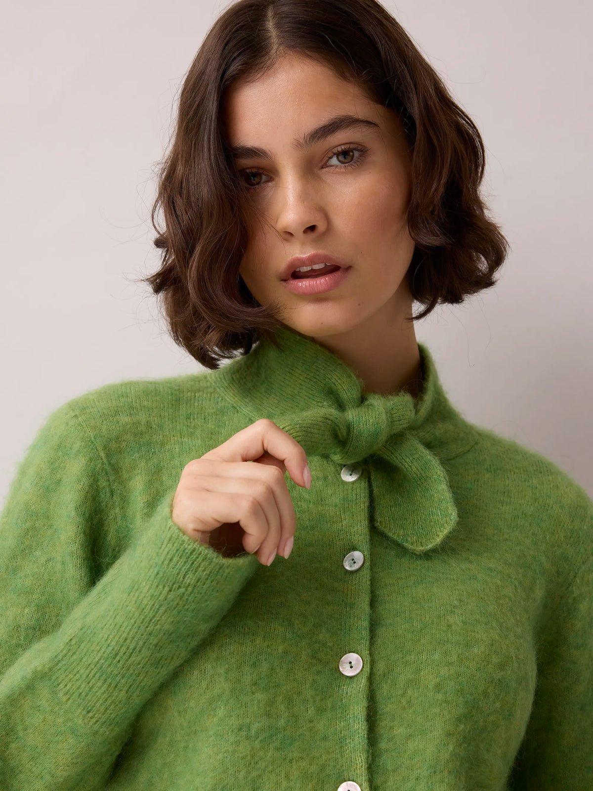 Green Brushed Neckerchief Cardigan With Wool And Mohair