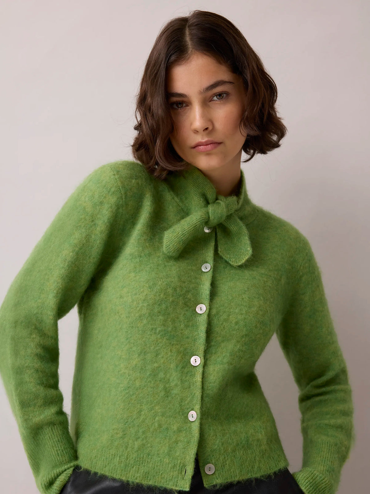 Green Brushed Neckerchief Cardigan With Wool And Mohair