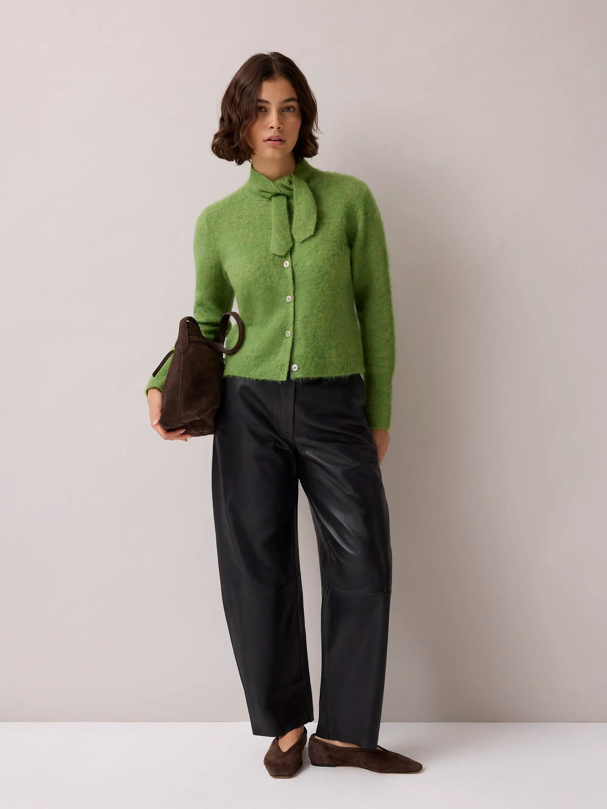 Green Brushed Neckerchief Cardigan With Wool And Mohair