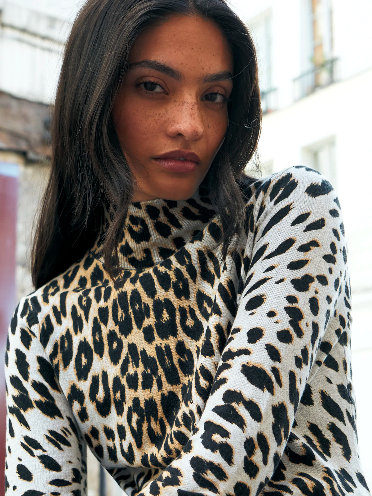 Leopard-Print Turtleneck Cotton and Cashmere-Blend Top