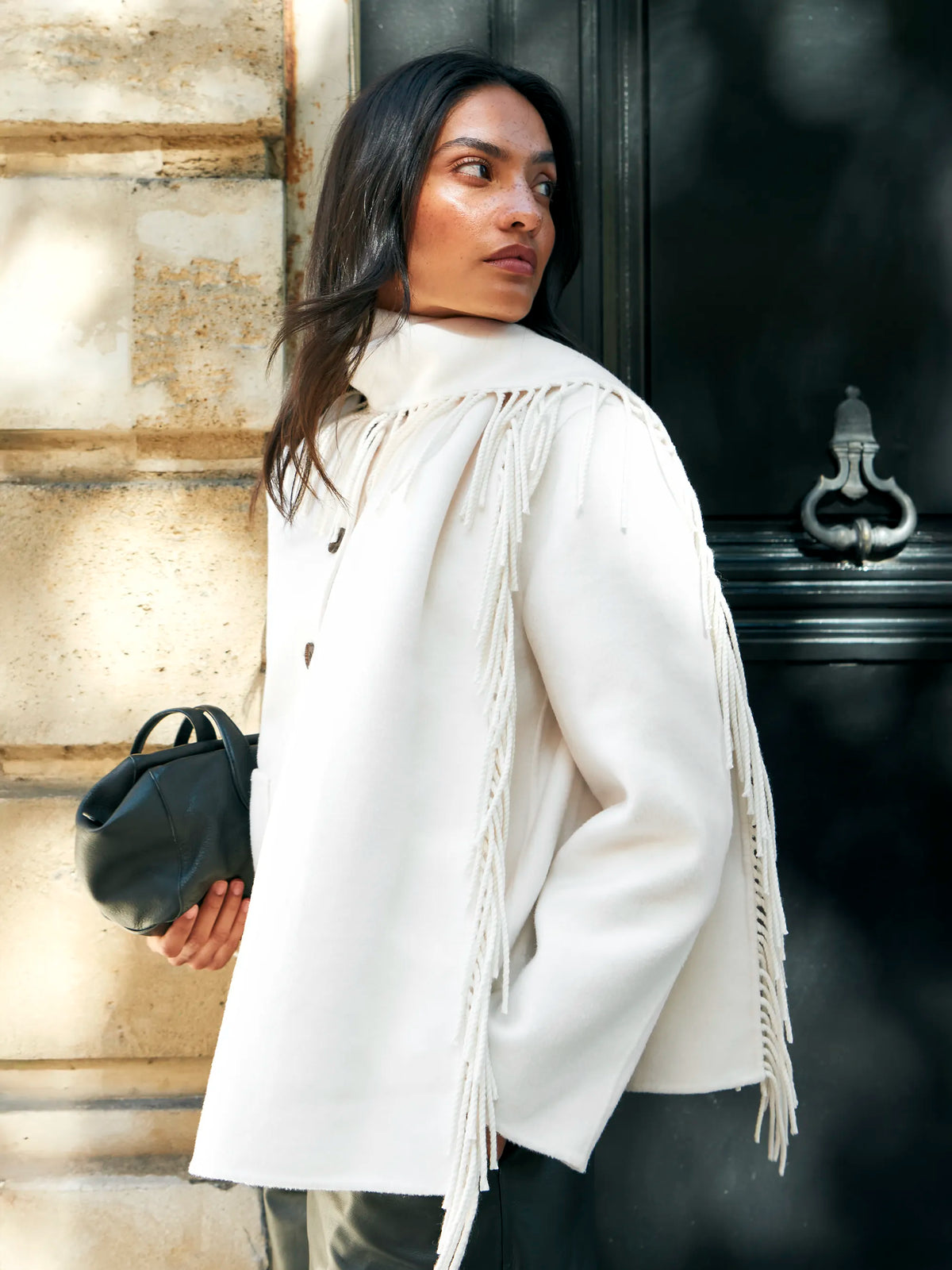 Cream Double-Faced Detachable Scarf Jacket With Wool