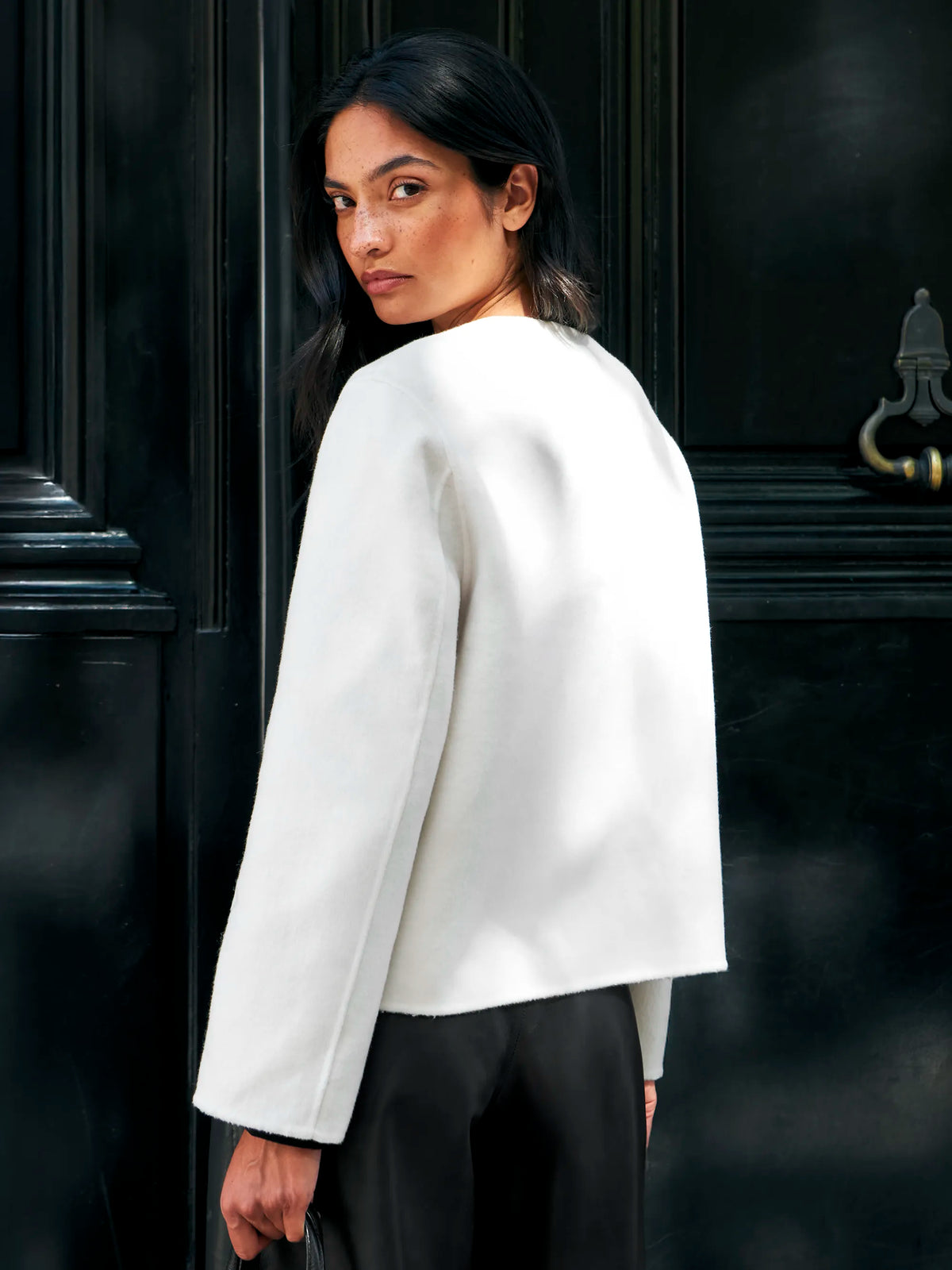 Cream Double-Faced Detachable Scarf Jacket With Wool