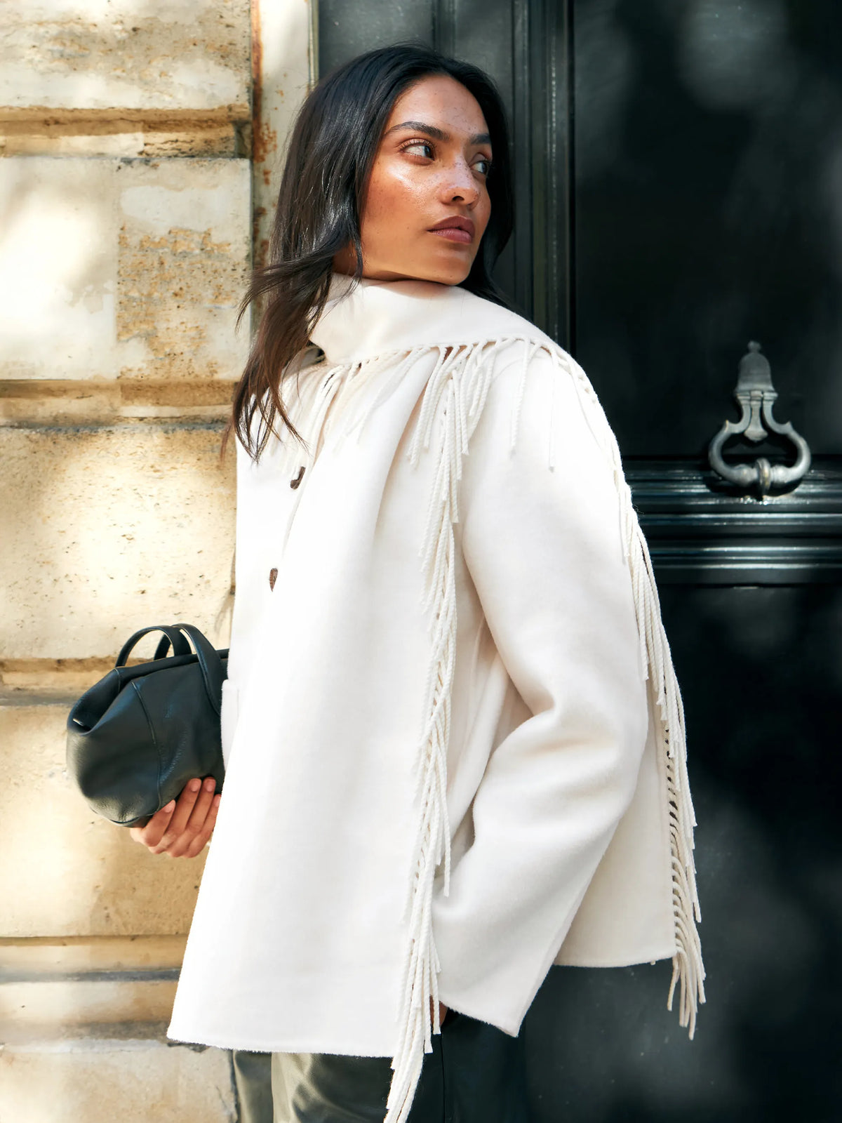 Cream Double-Faced Detachable Scarf Jacket With Wool