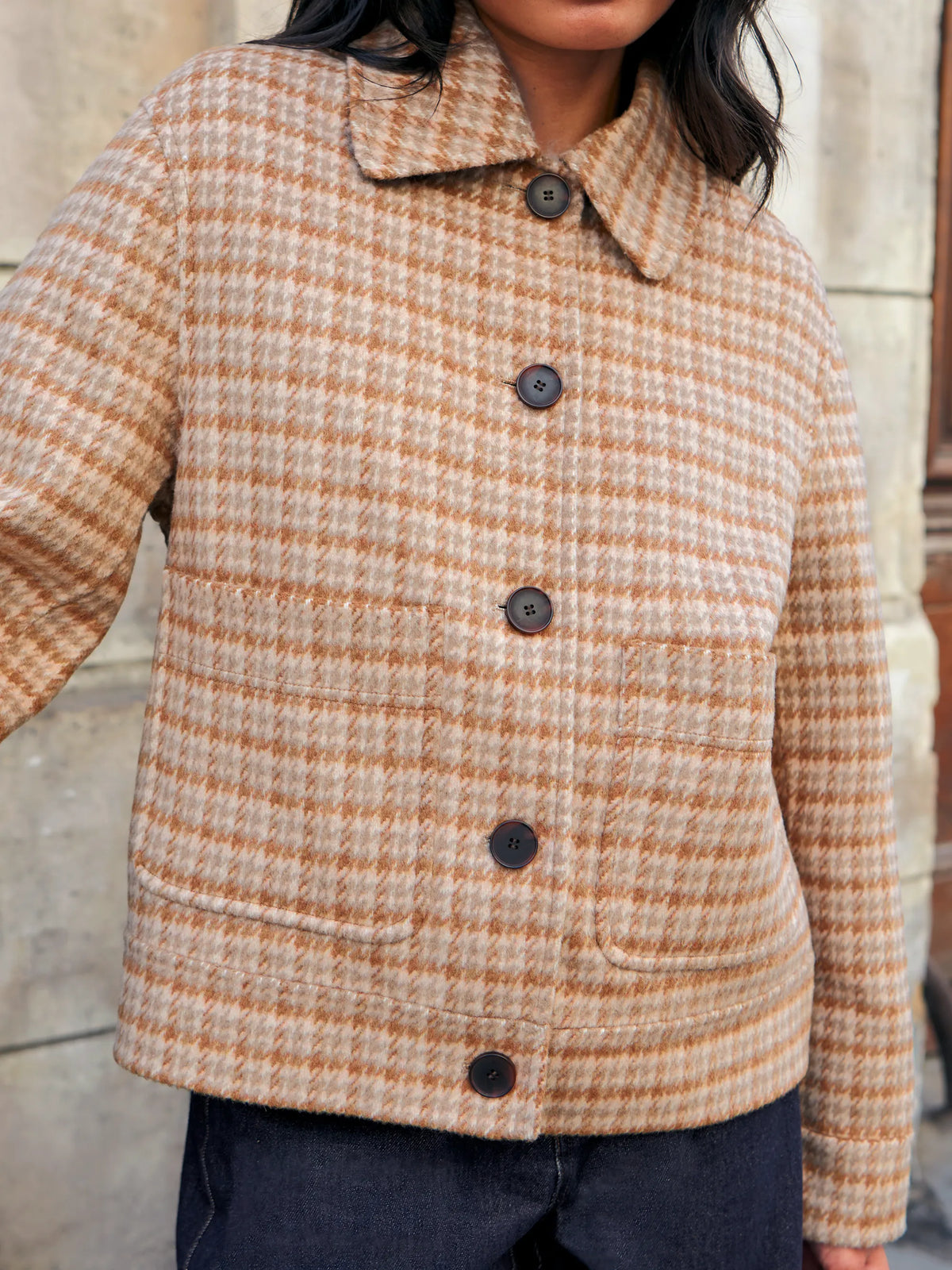 Camel Check Double-Faced Jacket With Wool