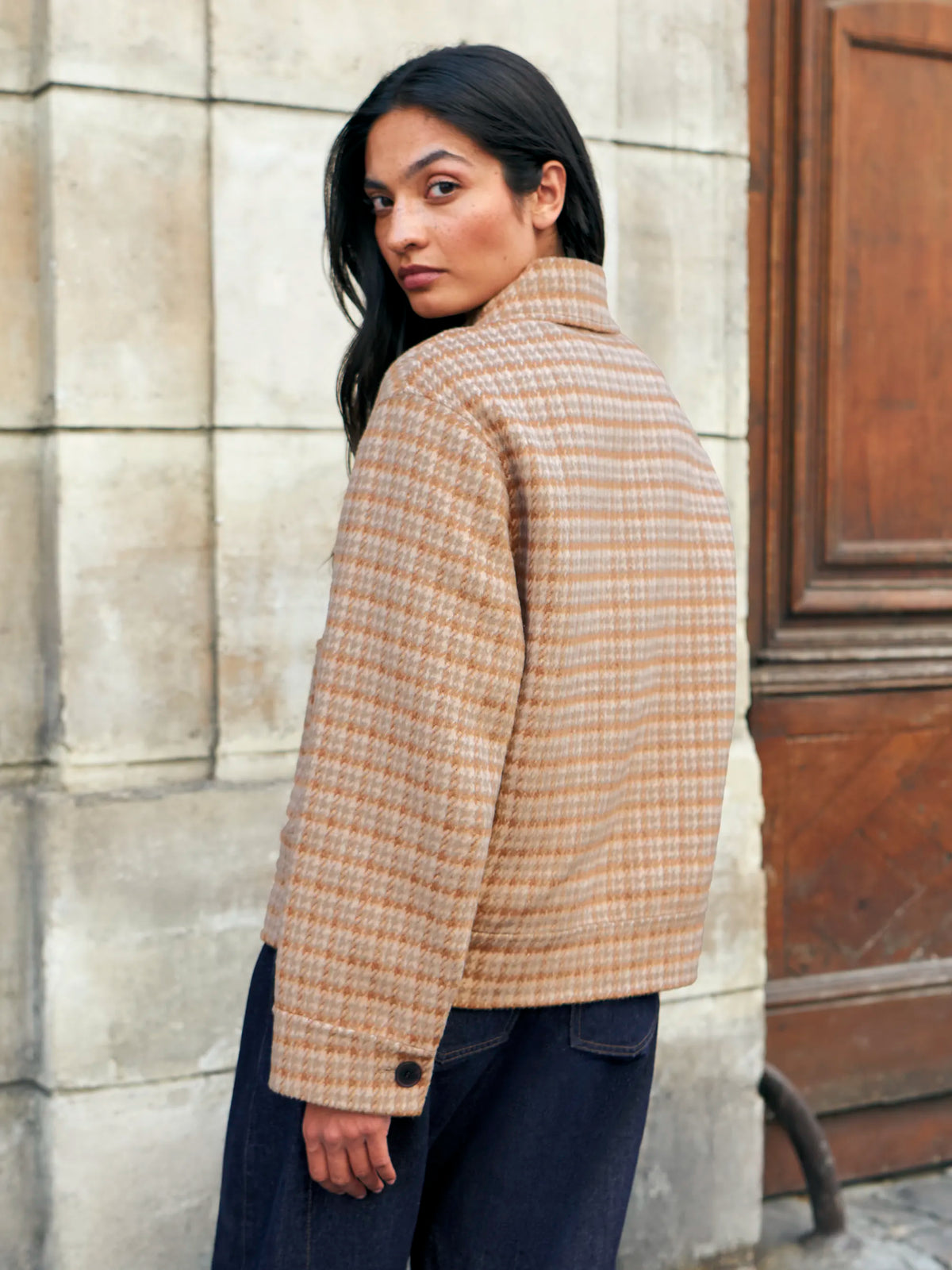 Camel Check Double-Faced Jacket With Wool