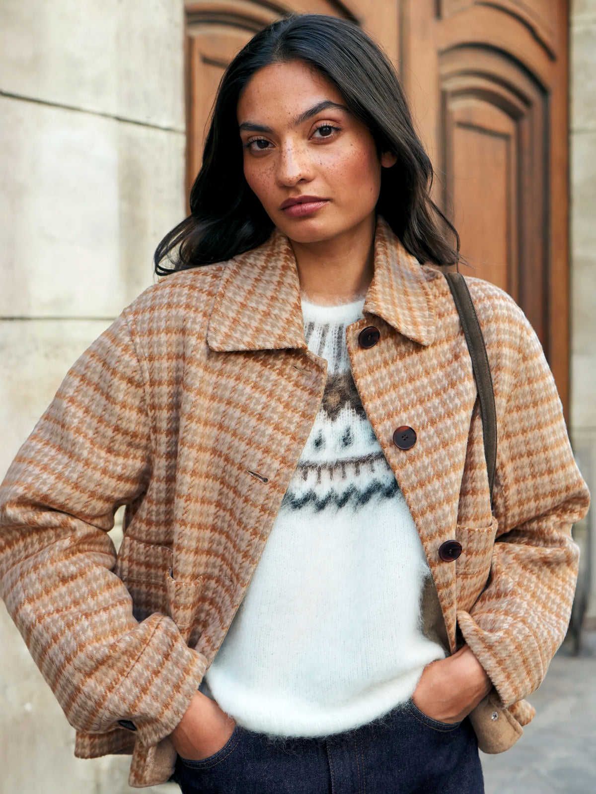 Camel Check Double-Faced Jacket With Wool