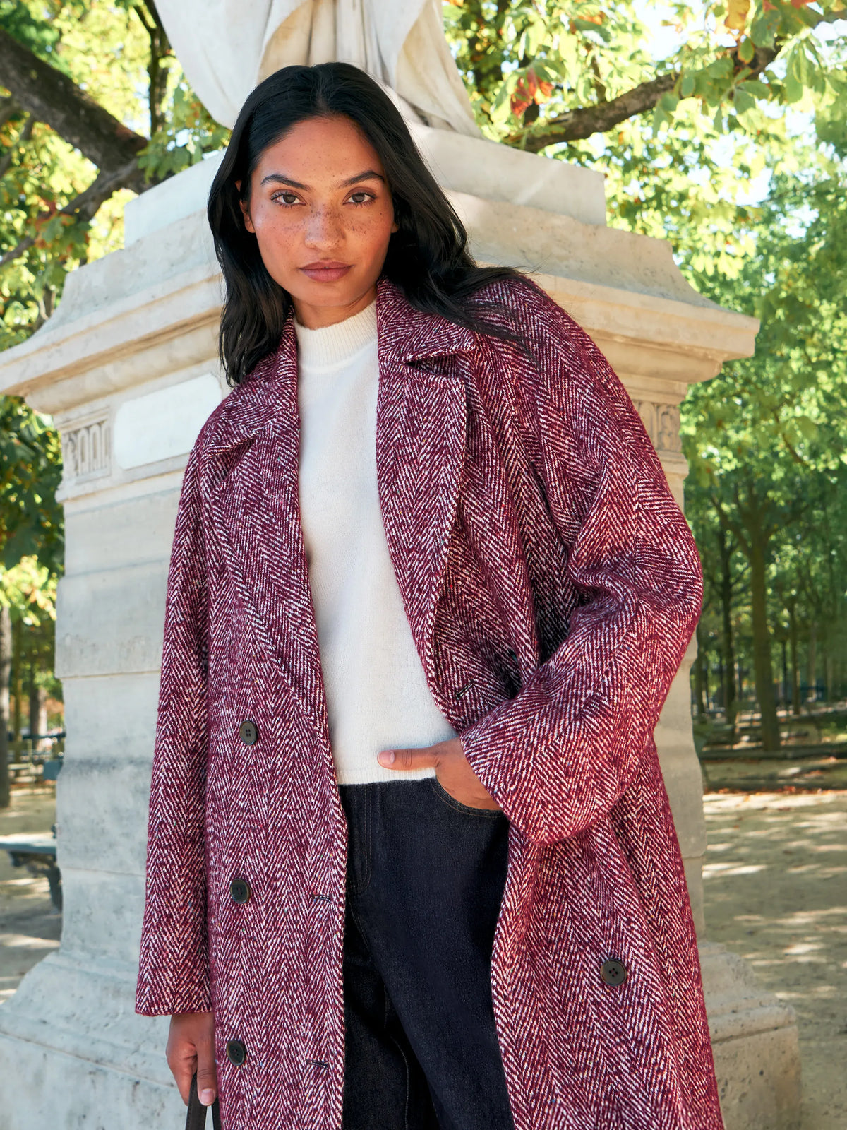 Pink Herringbone Cocoon Coat With Wool