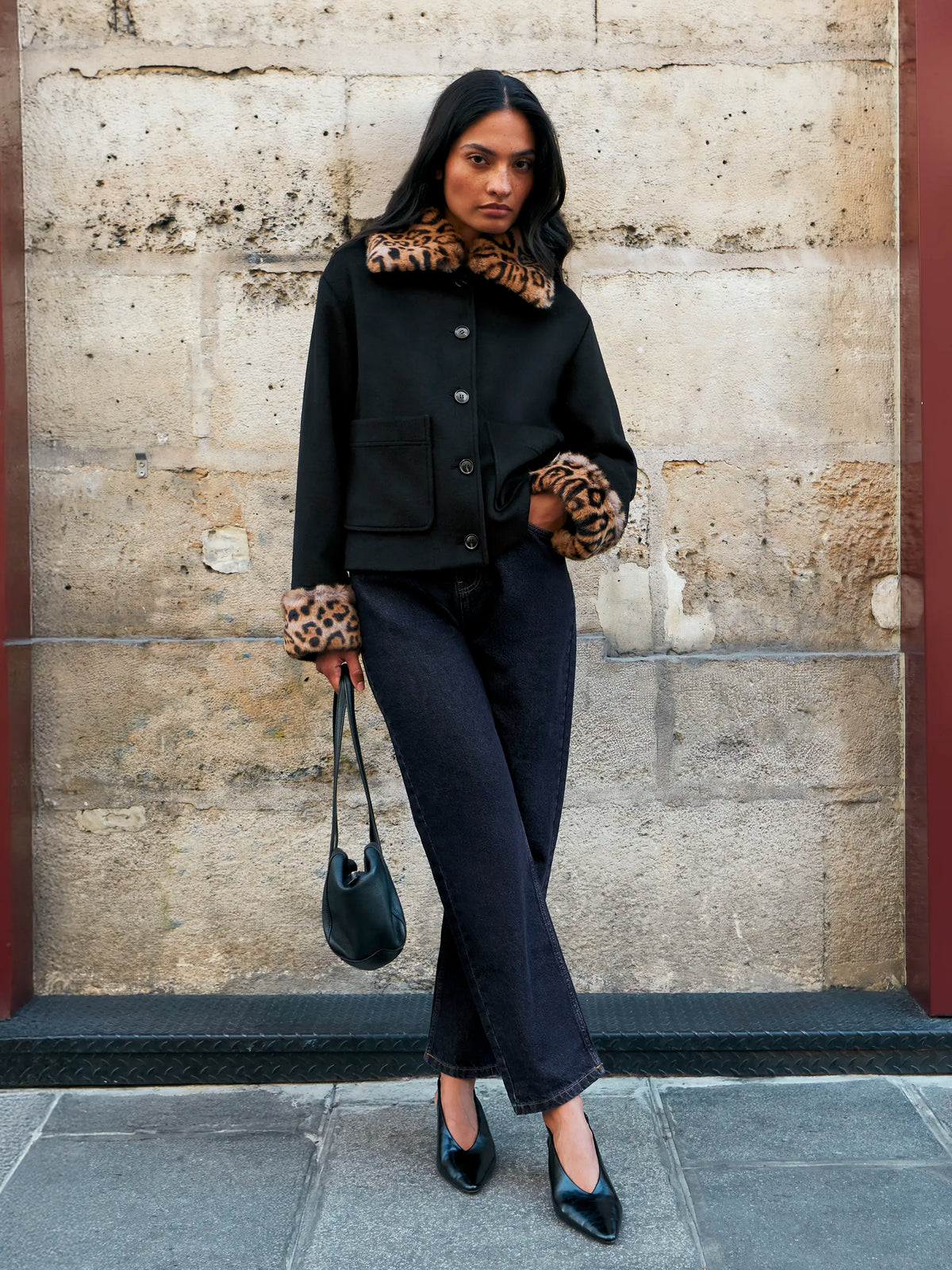 Black Leopard Detachable Faux Fur Jacket With Wool