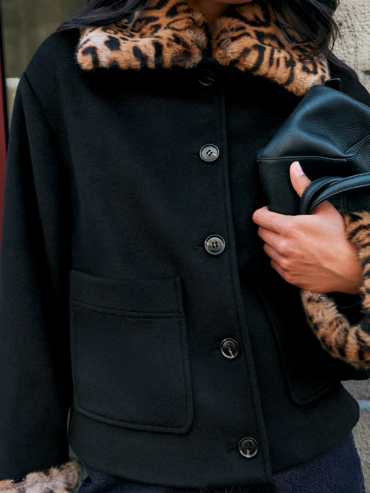 Black Leopard Detachable Faux Fur Jacket With Wool