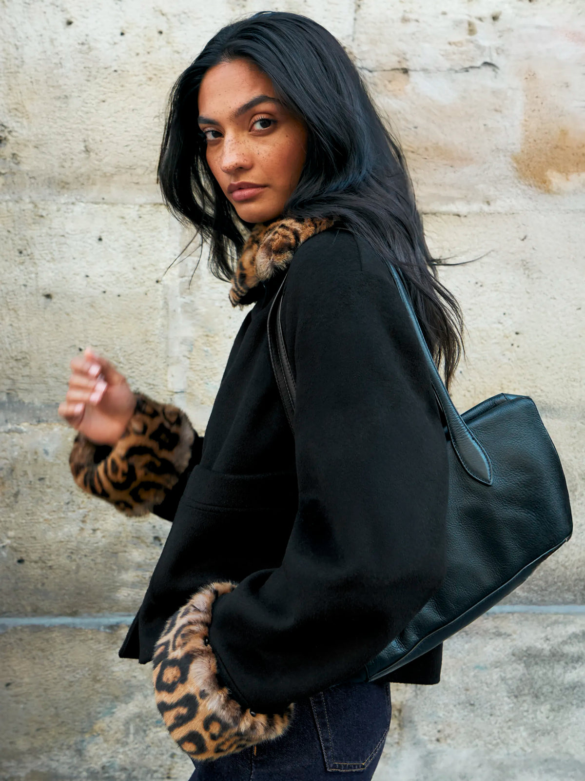 Black Leopard Detachable Faux Fur Jacket With Wool