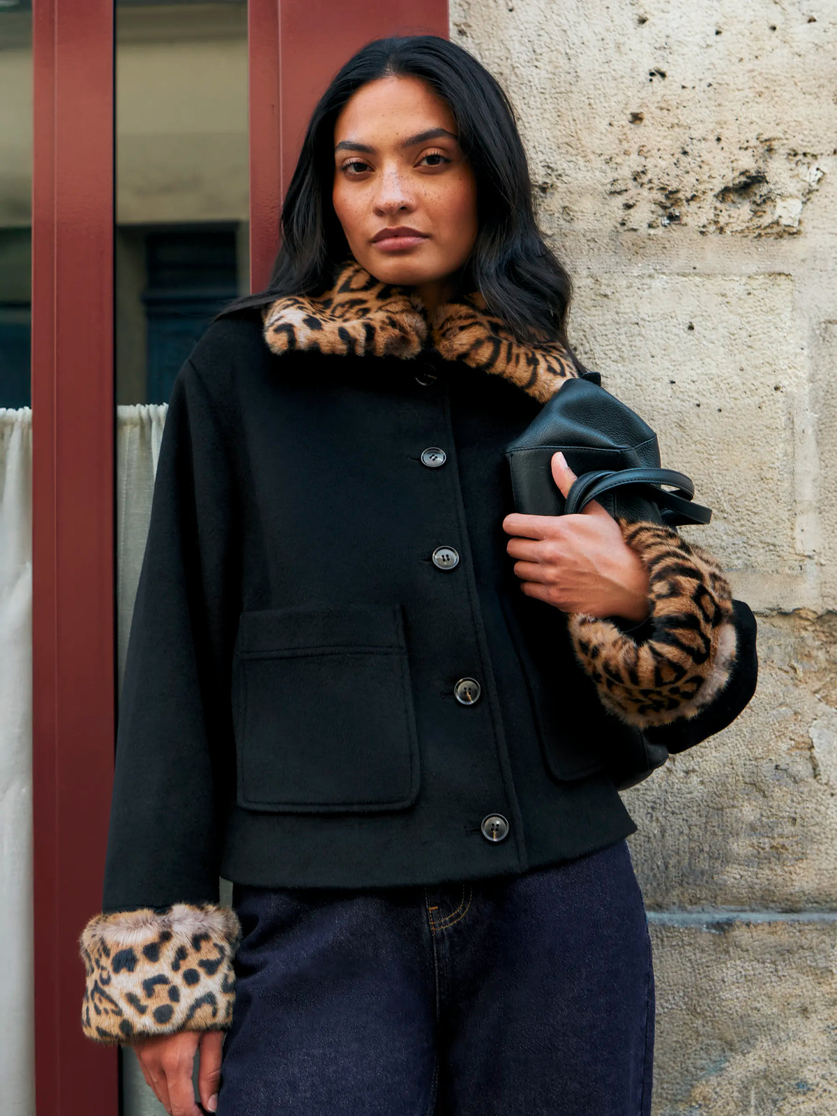 Black Leopard Detachable Faux Fur Jacket With Wool