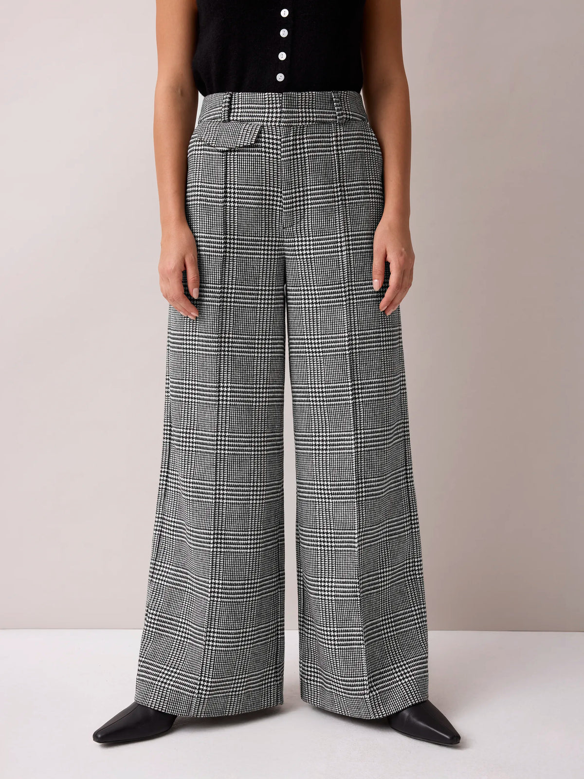 Mono check wool-blend wide-leg tailored trousers.