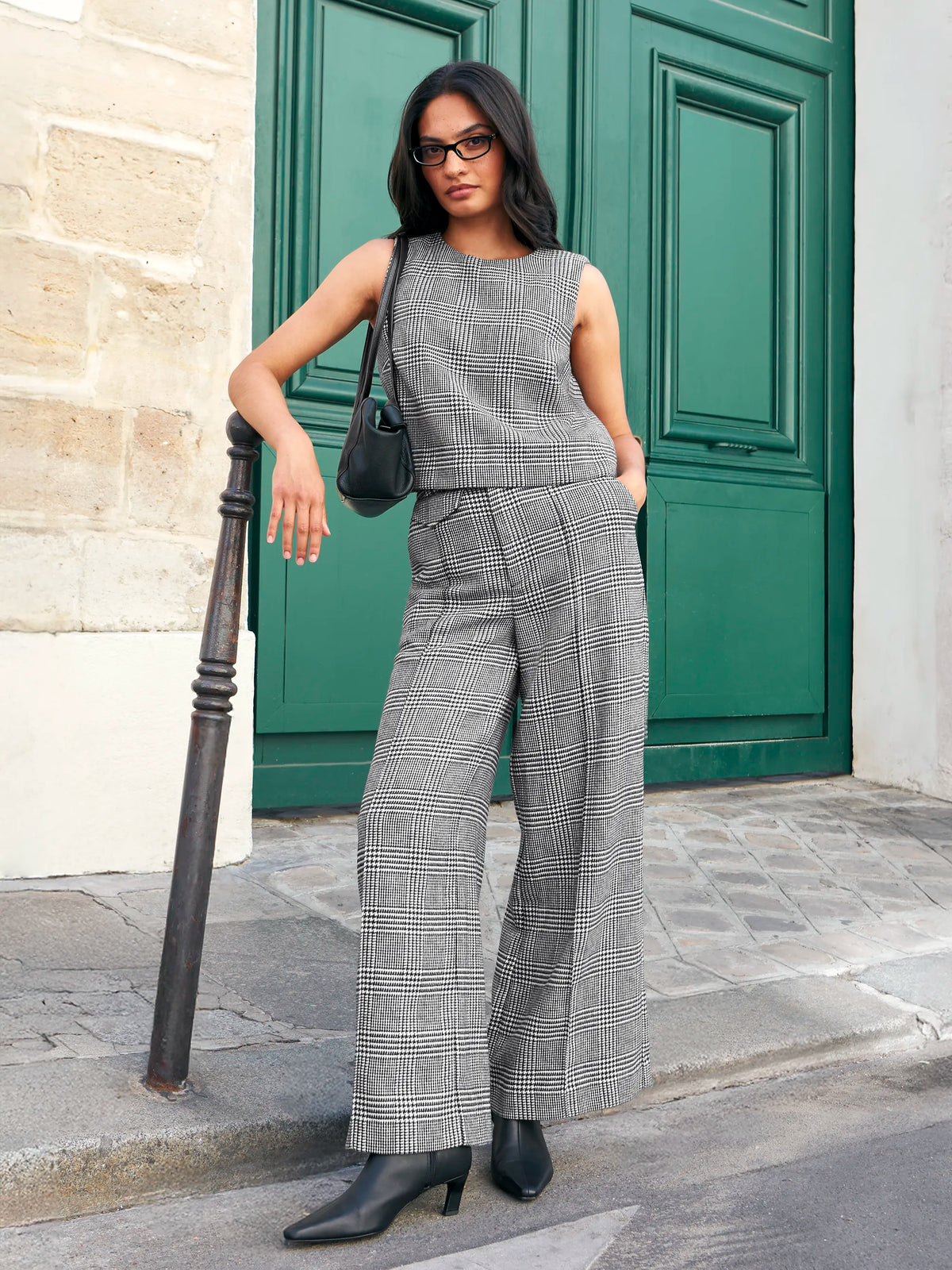 Mono check wool-blend wide-leg tailored trousers.
