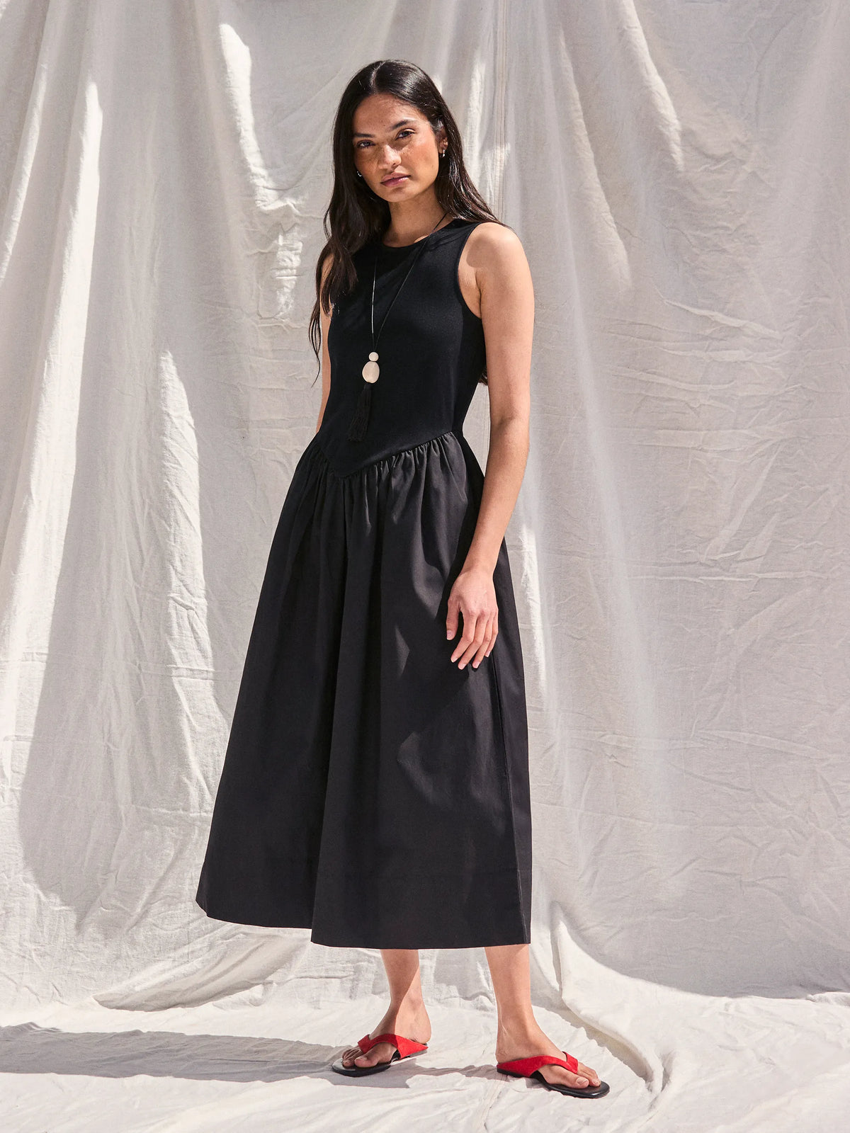 Black Jersey Bodice Midi Waisted Dress