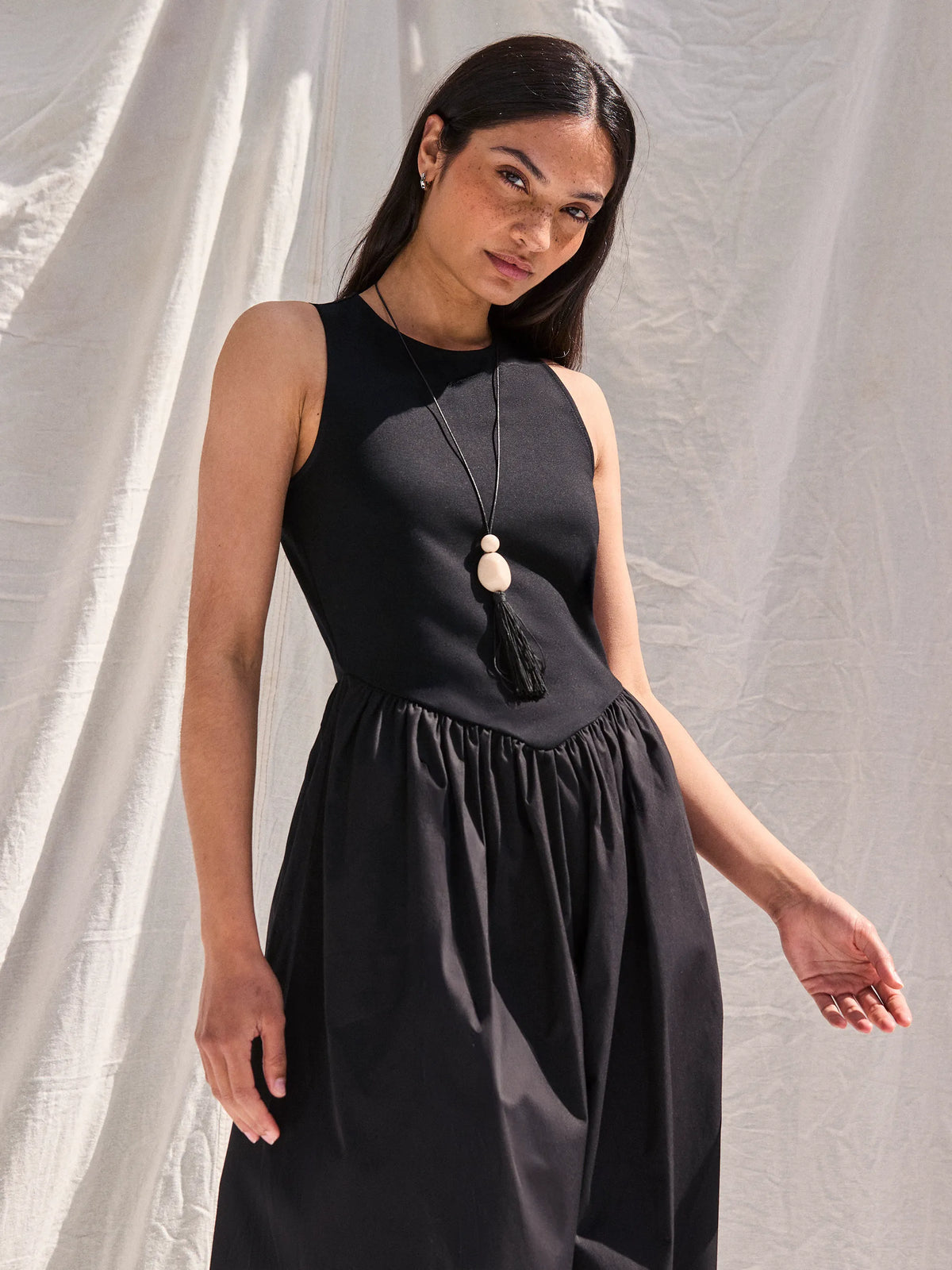 Black Jersey Bodice Midi Waisted Dress
