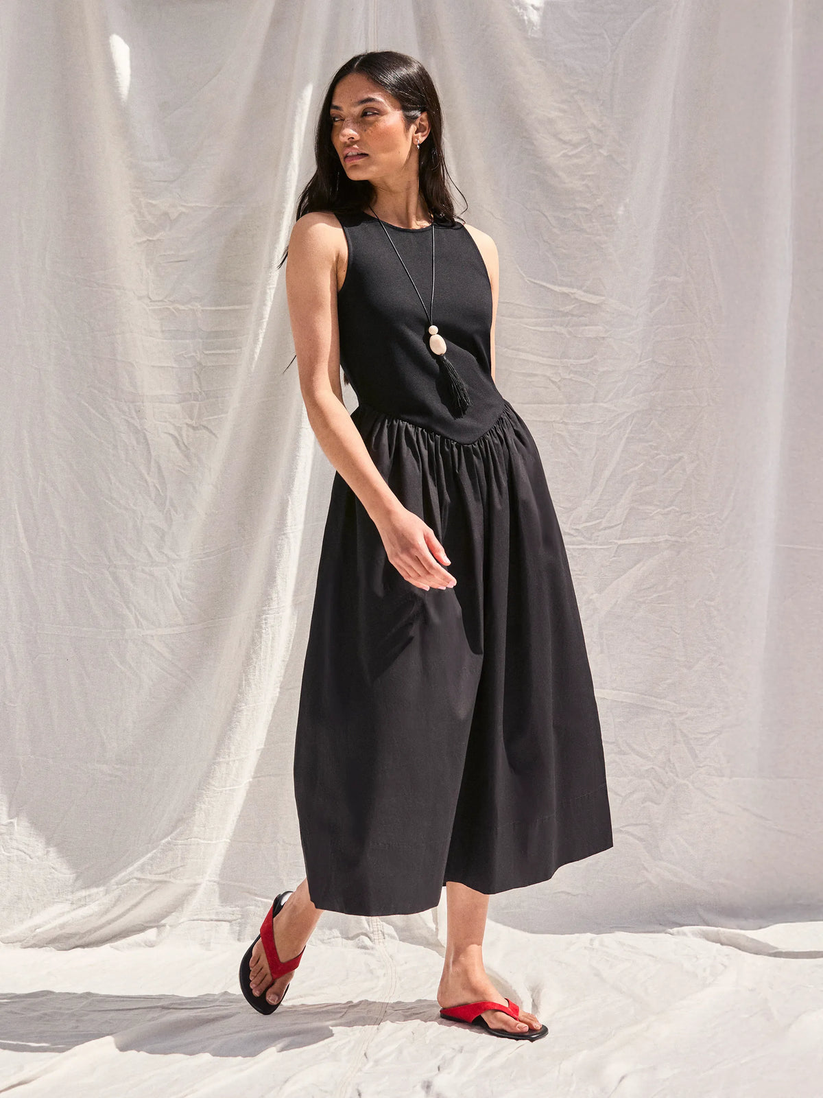 Black Jersey Bodice Midi Waisted Dress